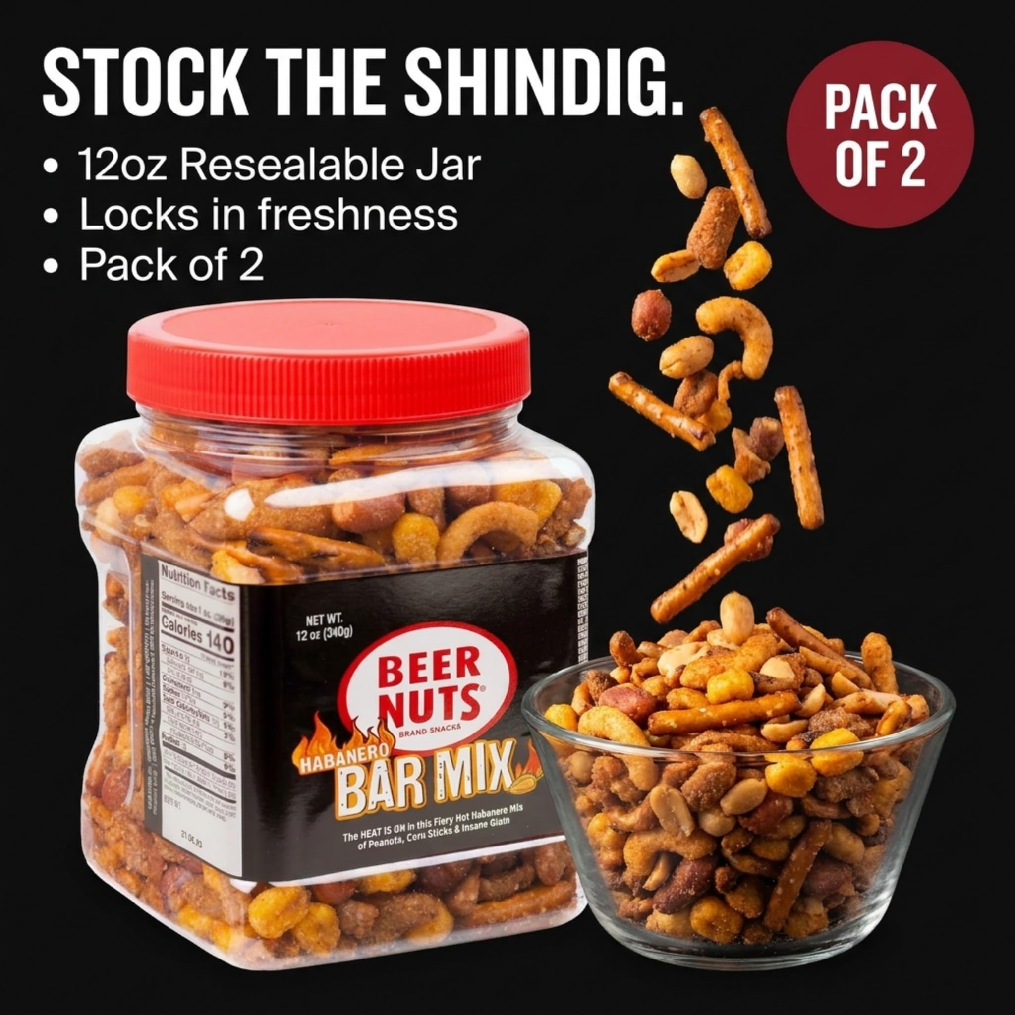 BEER NUTS Habanero Bar Mix - Fiery Hot Habanero Mix Of Peanuts, Corn Sticks & Insane Grain - 12oz Resealable Jar (Pack of 2)