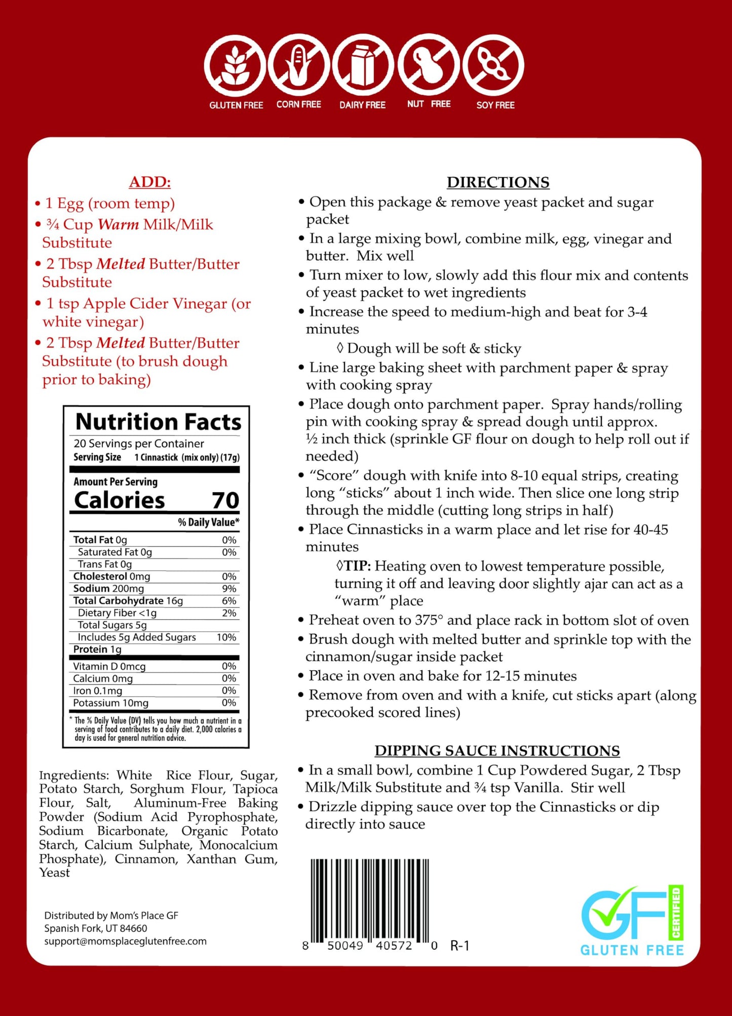 Mom's Place Gluten-Free CinnaSticks Mix, Easy to Make & Delicious Dessert, Gluten Free, Dairy Free, Nut Free, 14.2 oz