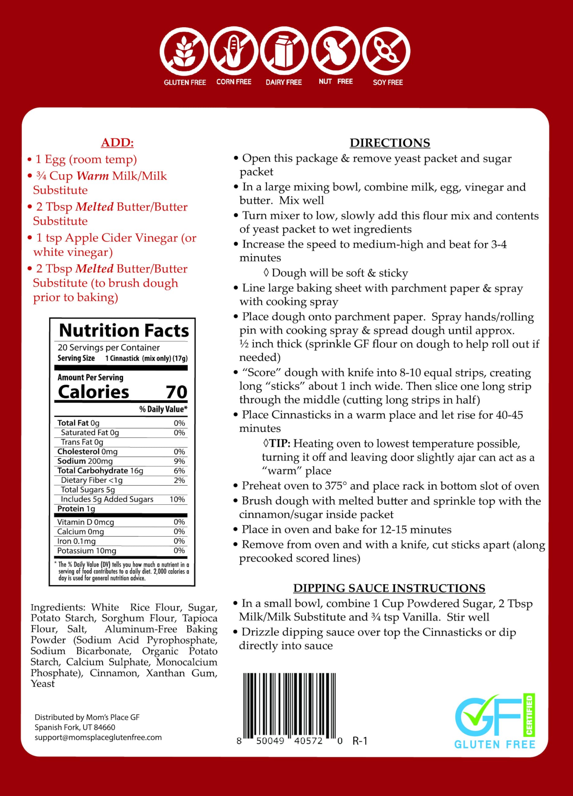 Mom's Place Gluten-Free CinnaSticks Mix, Easy to Make & Delicious Dessert, Gluten Free, Dairy Free, Nut Free, 14.2 oz