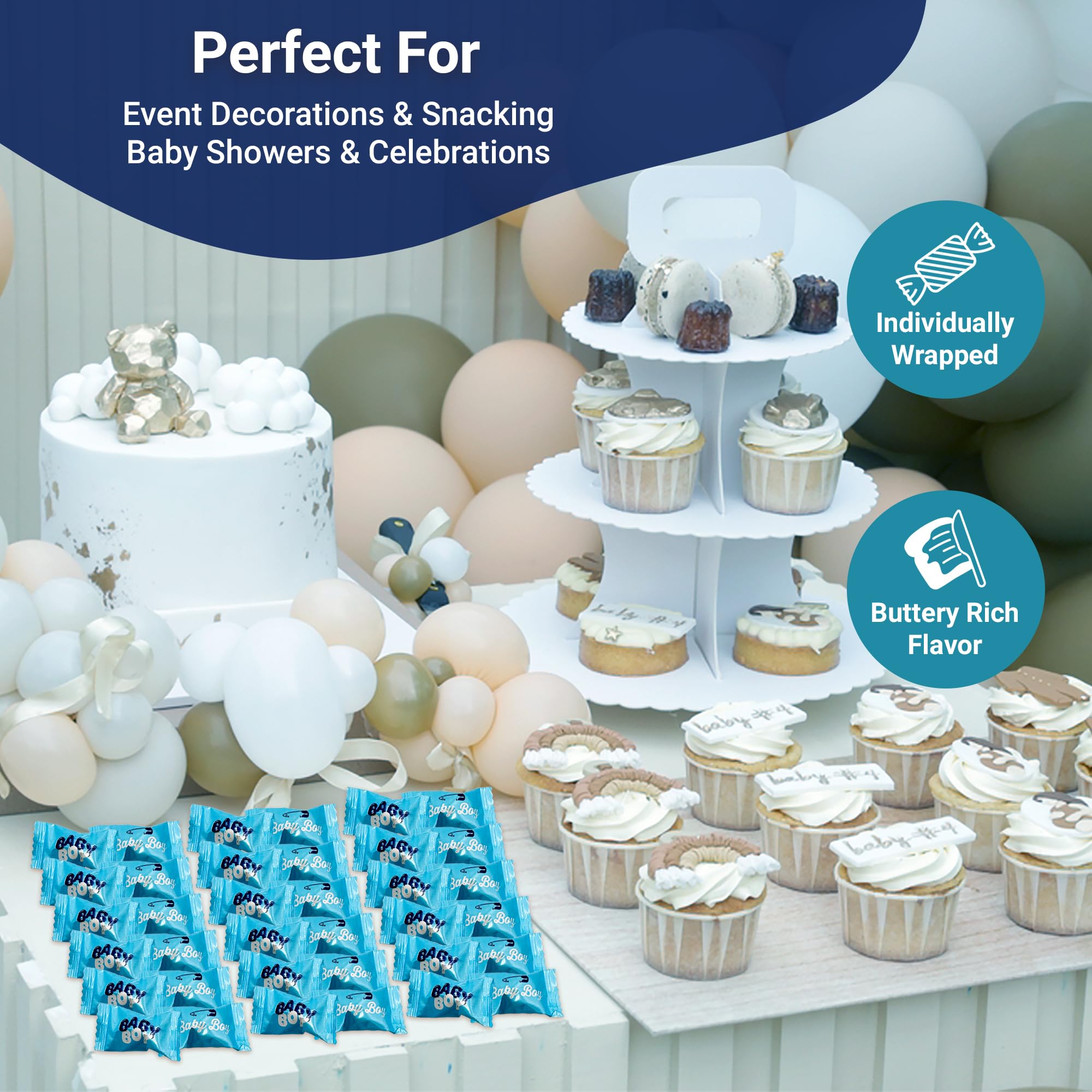 Baby Boy Buttermints - 100 Count - Baby Shower Blue Butter Mints Individually Wrapped - Baby Shower Candy - Perfect For Gender Reveal Parties