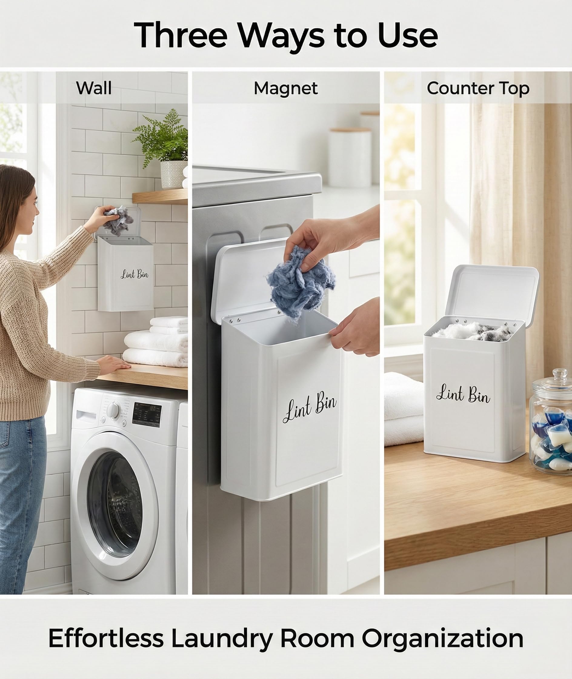 TIRIA Magnetic Lint Bin for Laundry Room, Metal Dryer Lint Trash Can Box with Lid, Wall Mounted Lint Collector Includes Nylon Brush, Exclusive Black