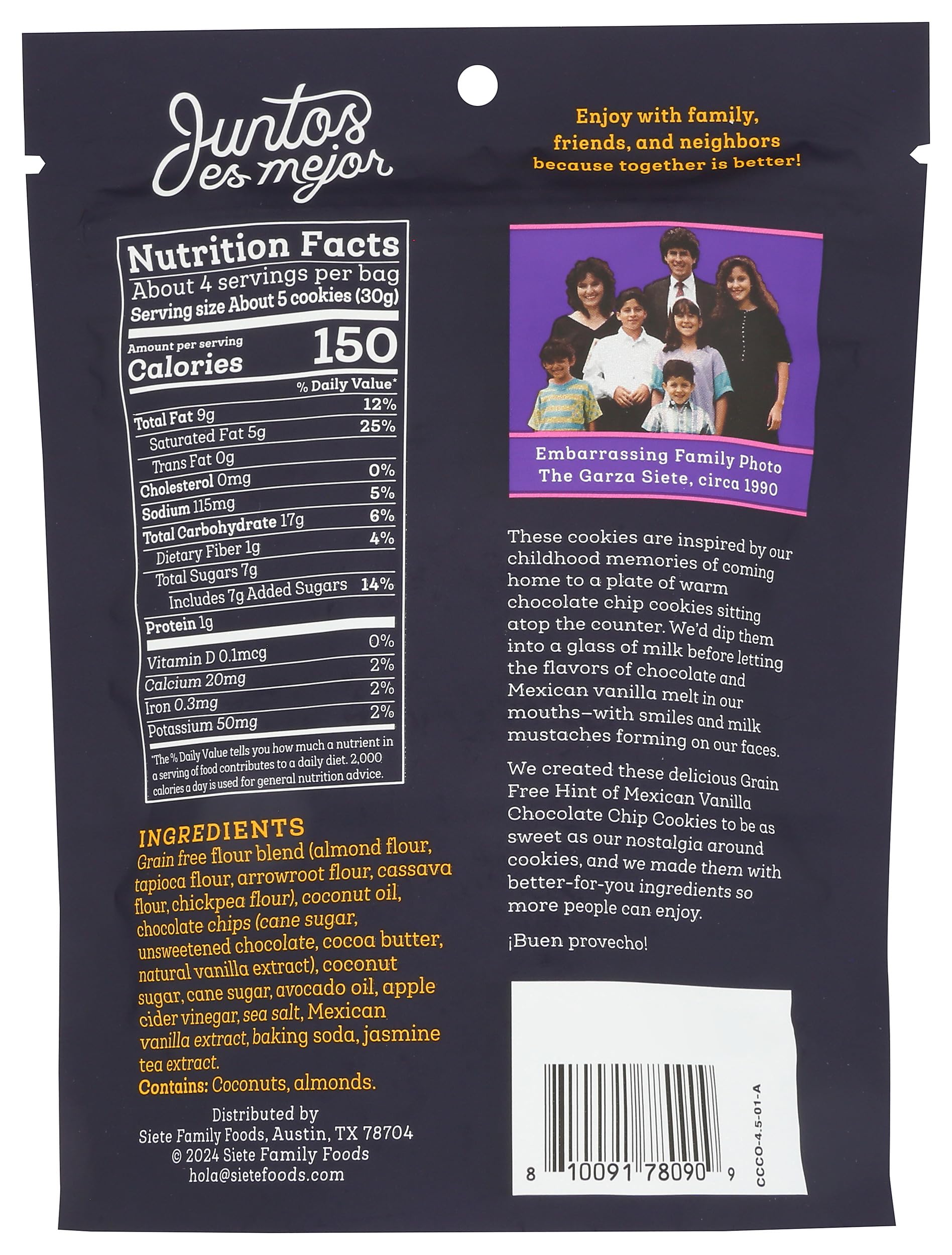 Siete Gluten Free Chocolate Chip Cookies w/ Hint of Mexican Vanilla | Vegan | Grain Free | Non GMO | Dairy Free | Made with Almond Flour & Coconut Oil