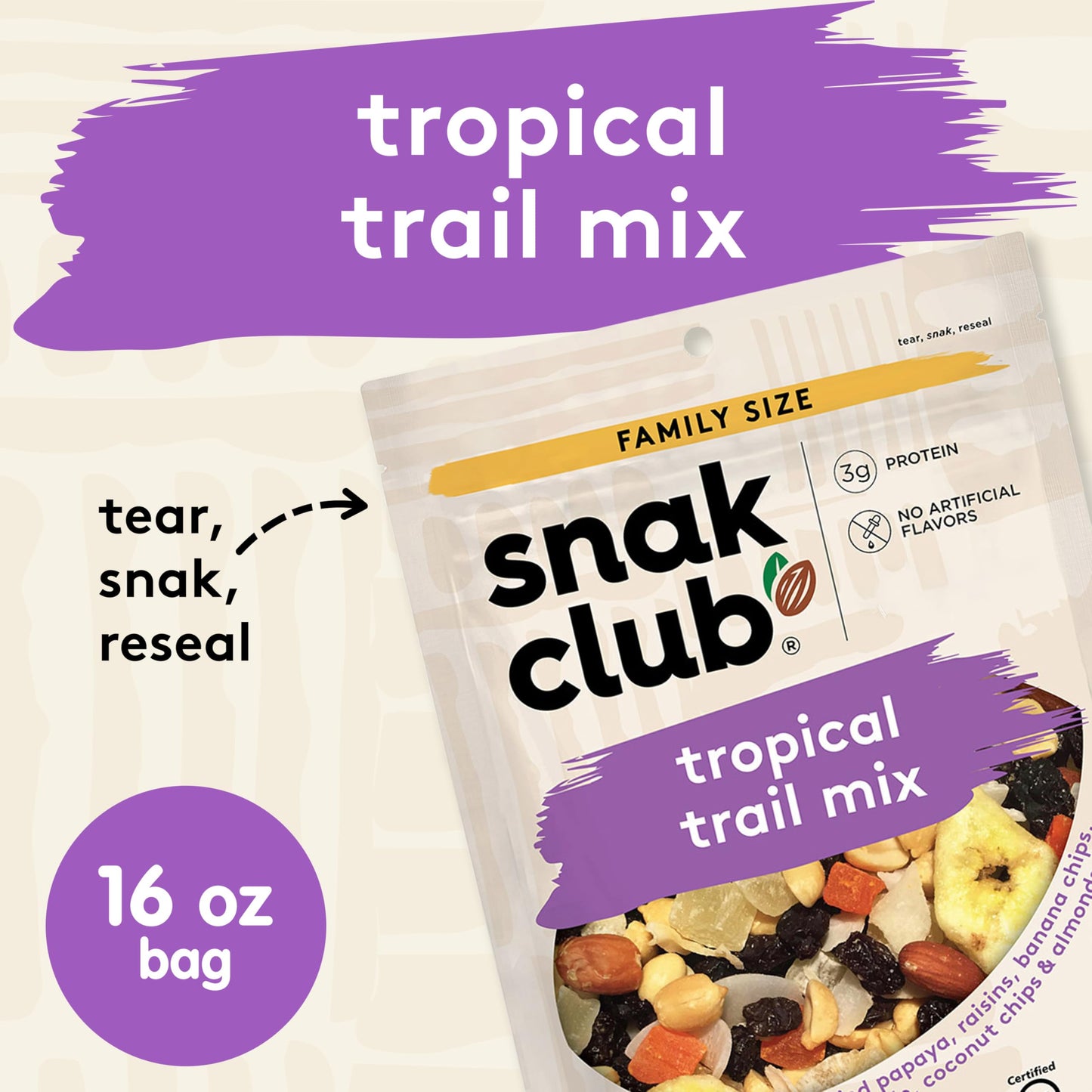 Snak Club Tropical Trail Mix with Dried Fruits, Chips & Almonds, 16 oz