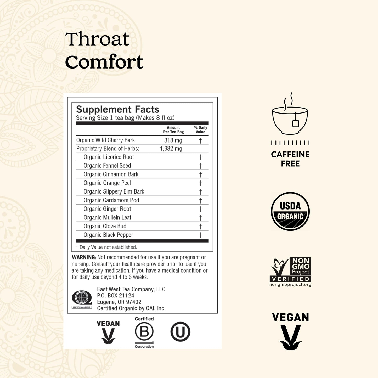 Yogi Tea - Throat Comfort (6 Pack) - Soothes the Throat with Wild Cherry Bark, Licorice Root, Mullein, and Ginger - Caffeine Free - 96 Organic Herbal