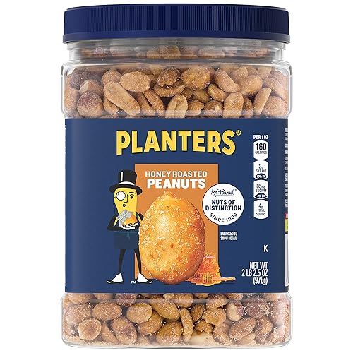 PLANTERS Honey Roasted Peanuts, Sweet and Salty Snacks, Plant-Based Protein , 34.5 Oz (2 Tubs)