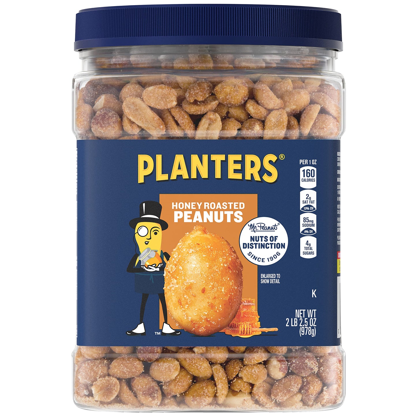 PLANTERS Honey Roasted Peanuts, Sweet and Salty Snacks, Plant-Based Protein , 34.5 Oz (2 Tubs)