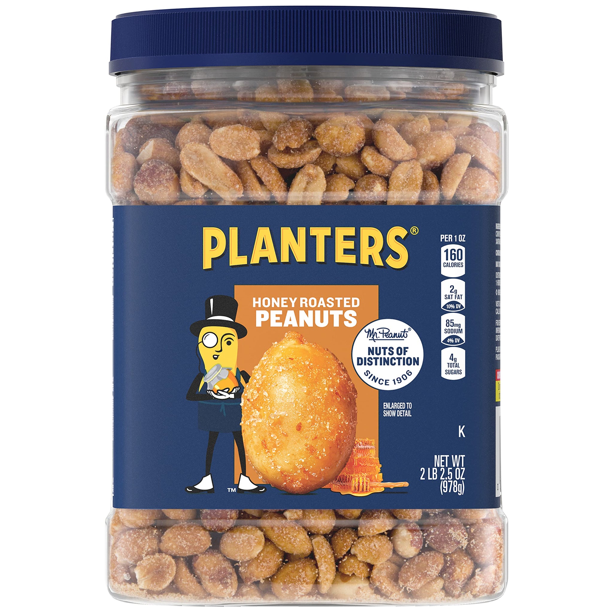 PLANTERS Honey Roasted Peanuts, Sweet and Salty Snacks, Plant-Based Protein , 34.5 Oz (2 Tubs)