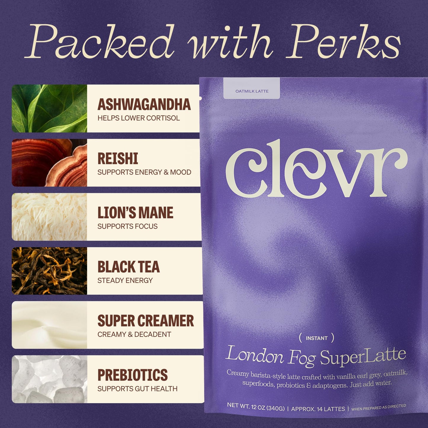 Clevr London Fog Latte, Vegan, Earl Grey Instant Tea Mix, Superfood Powder Blend with Black Tea, Reishi Mushroom, Organic Spices, Coconut Cream