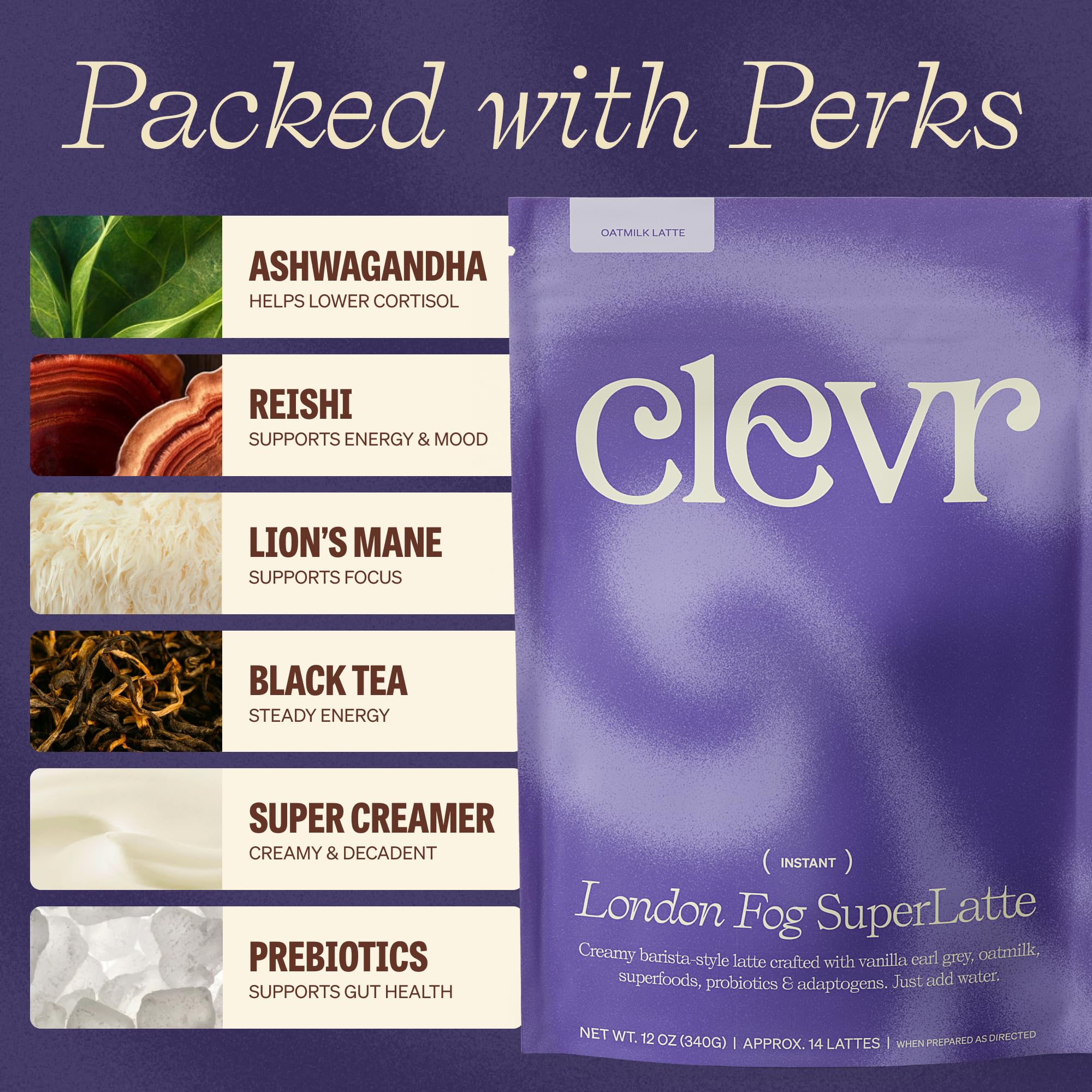 Clevr London Fog Latte, Vegan, Earl Grey Instant Tea Mix, Superfood Powder Blend with Black Tea, Reishi Mushroom, Organic Spices, Coconut Cream