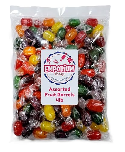 Assorted Hard Candy Fruit Barrels - 4 lbs Bulk Individually Wrapped Orange Cherry Apple Lemon Grape Fresh Sweet Individually Wrapped Classic Treats