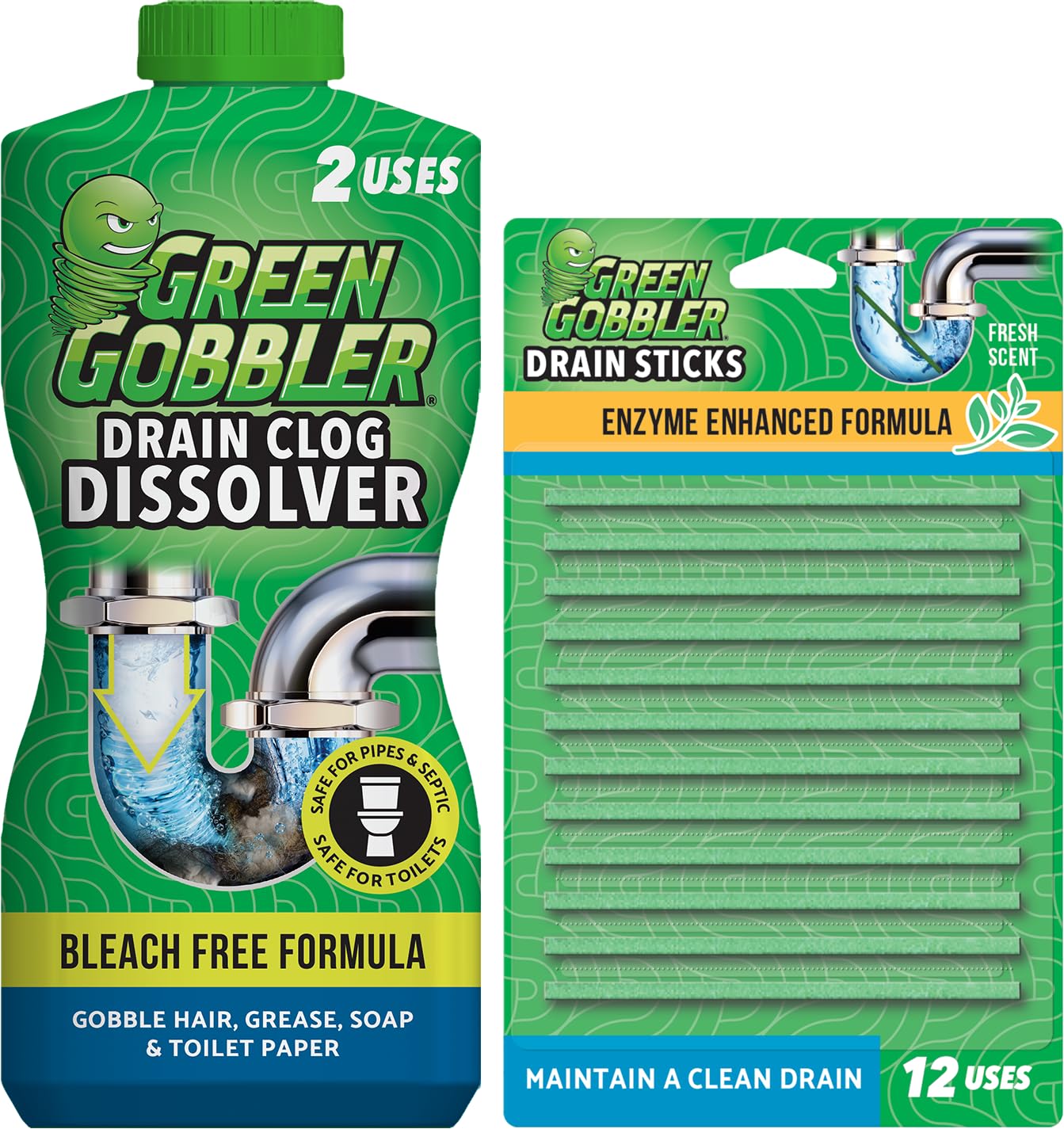 Green Gobbler Liquid Hair Drain Clog Remover | For Toilets, Sinks, Tubs & Fresh Scent Drain Sticks | 12 Pack | Drain Cleaner & Deodorizer