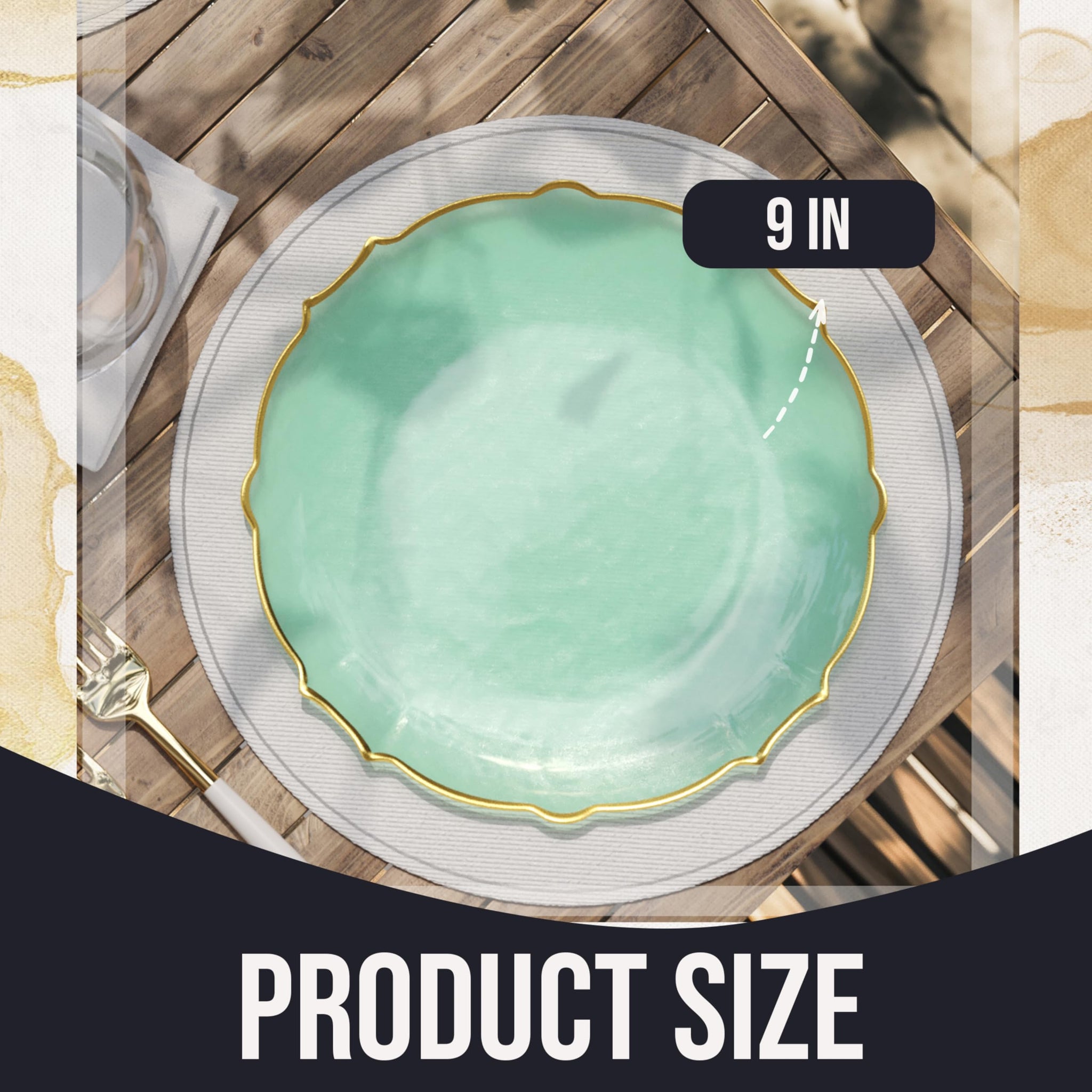 Exquisite Elegant Plastic Dinner Plates - 40 x 9 inch Disposable Plates for Party - Mint with Gold Rim