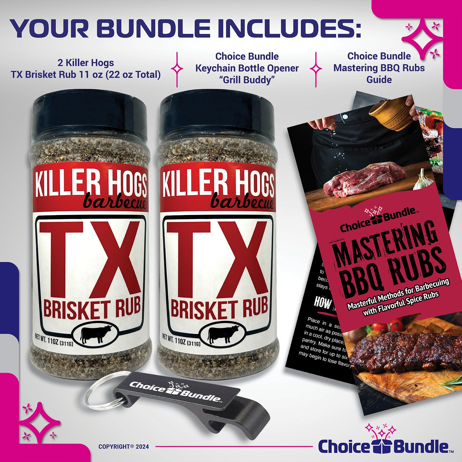 Killer Hogs TX Brisket Rub - Texas Style Premium BBQ Seasoning 2 pk (22 oz) + Barbecue Masters & Bottle Opener (4 Items)!