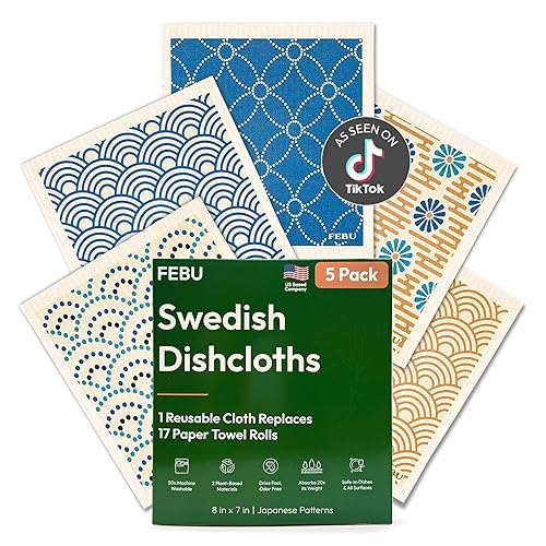 FEBU Swedish Dishcloths for Kitchen | 5 Pack Japanese Reusable Paper Towels Washable | Swedish Dish Towels | Non-Scratch Cellulose Sponge Cloths | No