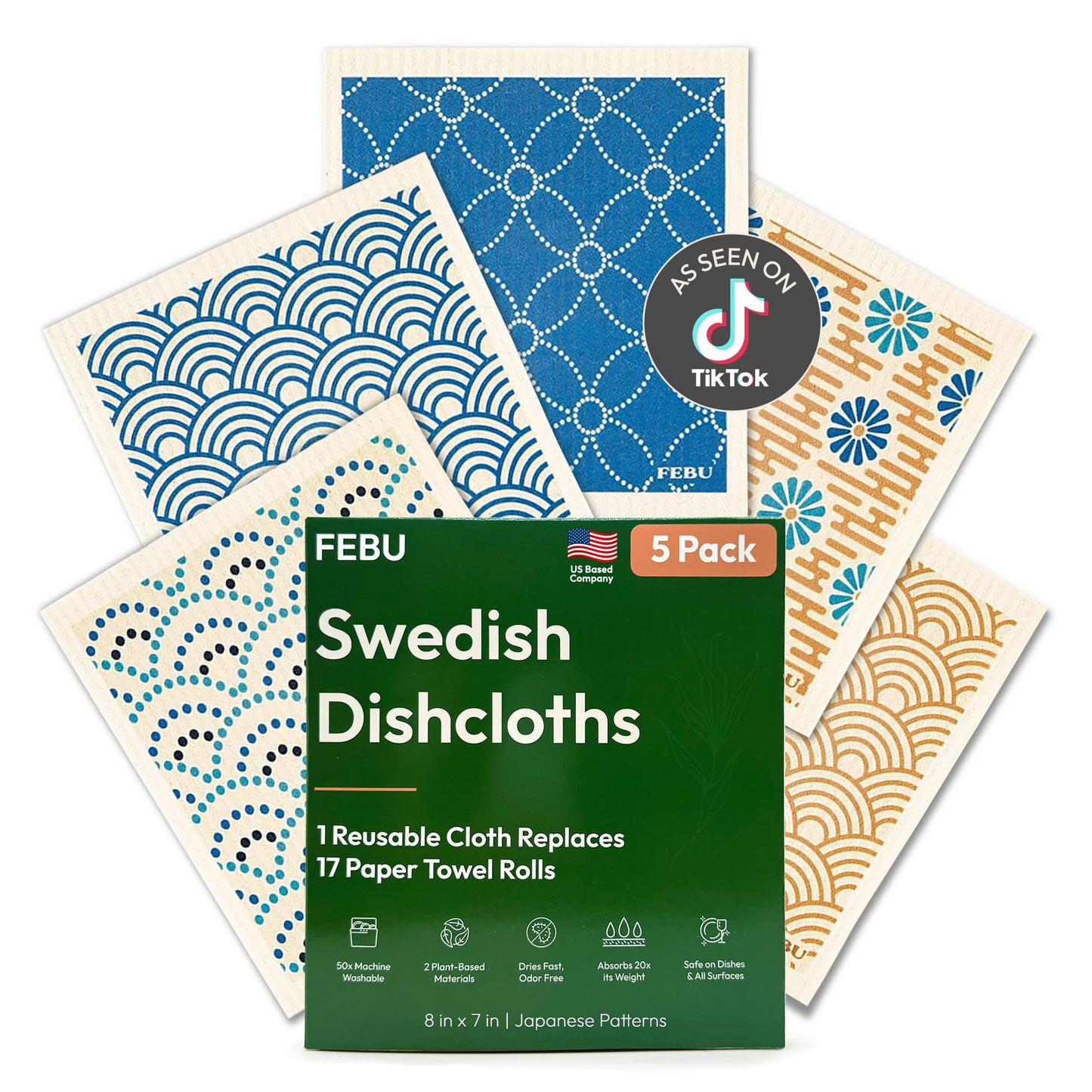 FEBU Swedish Dishcloths for Kitchen | 5 Pack Japanese Reusable Paper Towels Washable | Swedish Dish Towels | Non-Scratch Cellulose Sponge Cloths | No