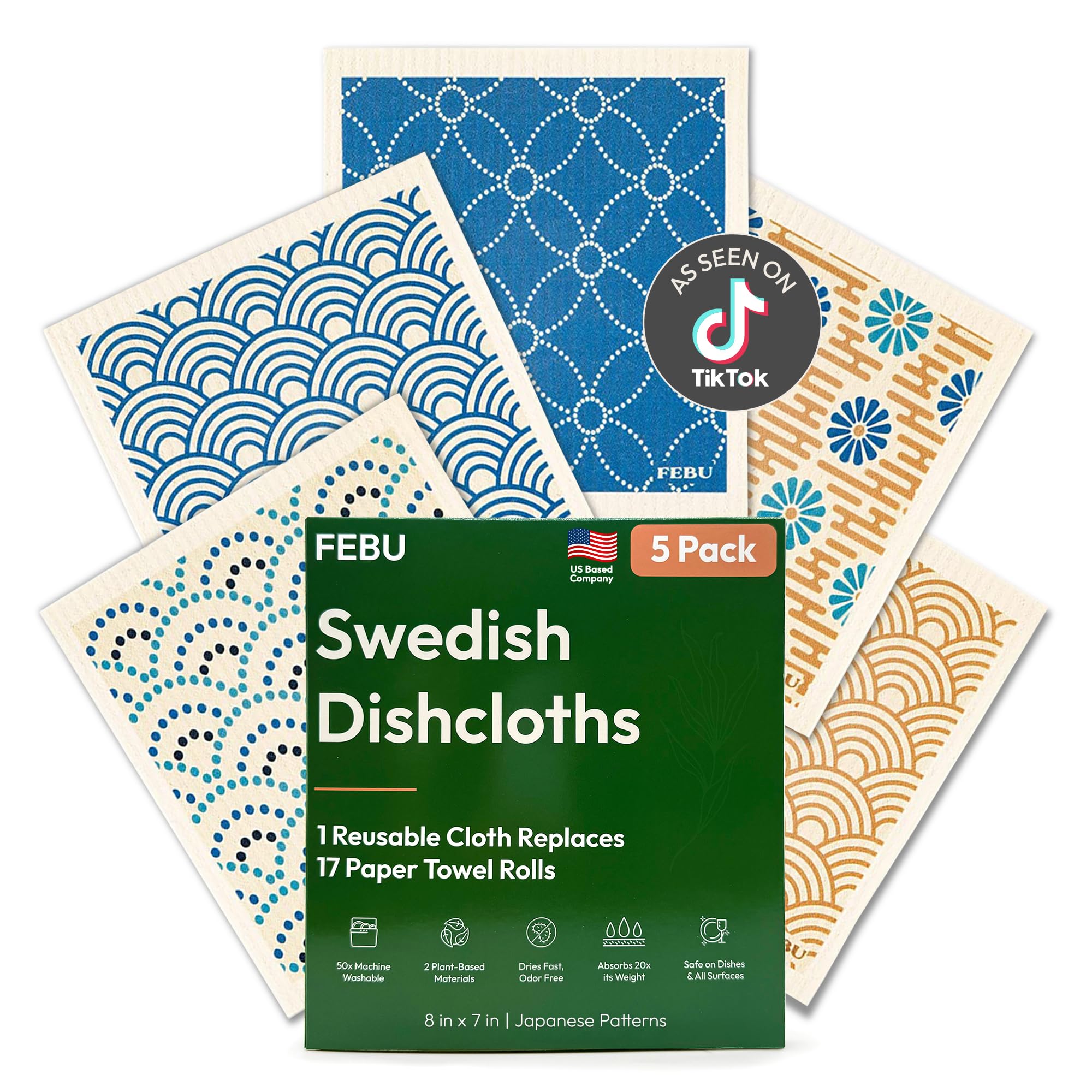 FEBU Swedish Dishcloths for Kitchen | 5 Pack Japanese Reusable Paper Towels Washable | Swedish Dish Towels | Non-Scratch Cellulose Sponge Cloths | No