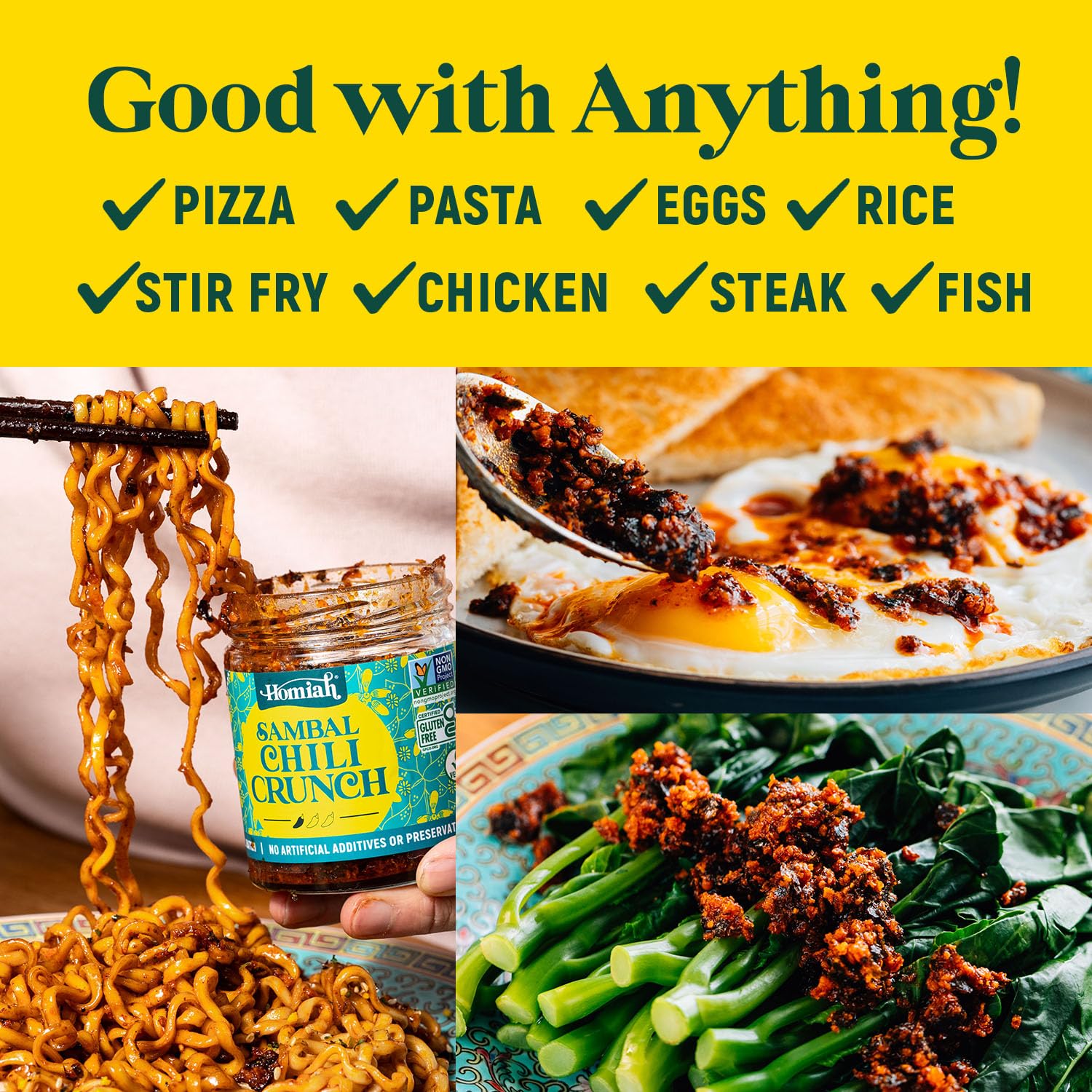 Homiah Sambal Chili Crunch, 6 Oz - Vegan Low Sodium Less Oil Gluten-Free Sambal Oelek, Non-GMO, Spicy Chili Crisp Topping with Seaweed - Mild