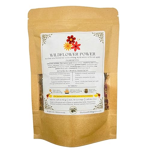 The Good Village Co. Wildflower Power Loose-Leaf Herbal Tea Blend, Floral Botanical Herbal Tea, Caffeine-Free Aromatic Herbal Infusion, 3.25 oz Bag