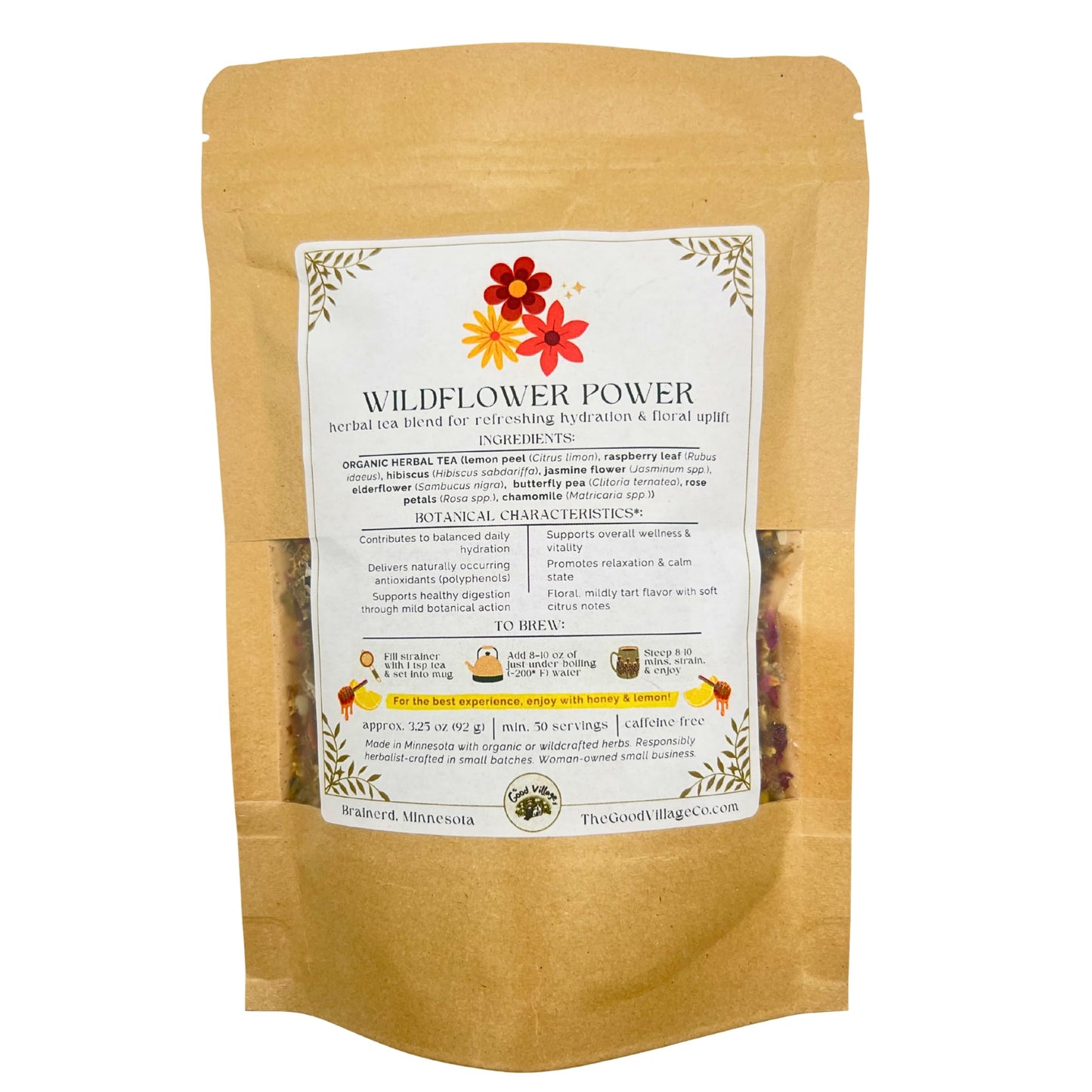 The Good Village Co. Wildflower Power Loose-Leaf Herbal Tea Blend, Floral Botanical Herbal Tea, Caffeine-Free Aromatic Herbal Infusion, 3.25 oz Bag