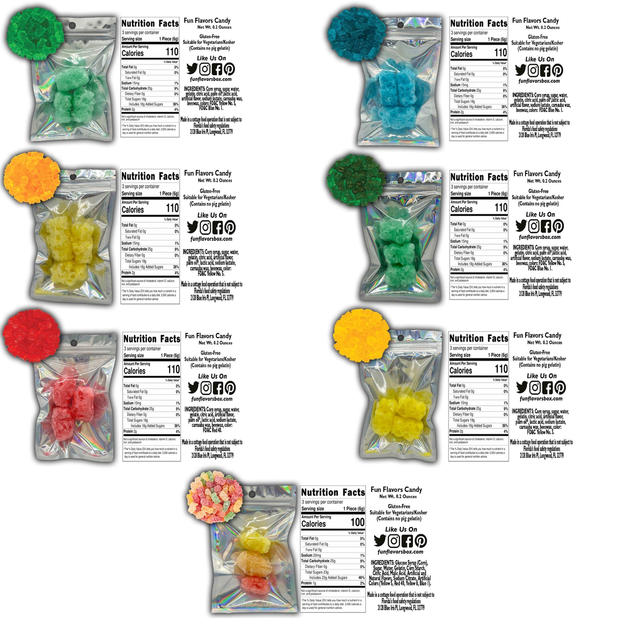 Fun Flavors Box-Gummy Bears Freeze Dried Candy 7 Bag Sampler Variety Pack Gift Box with Before and After Gummies