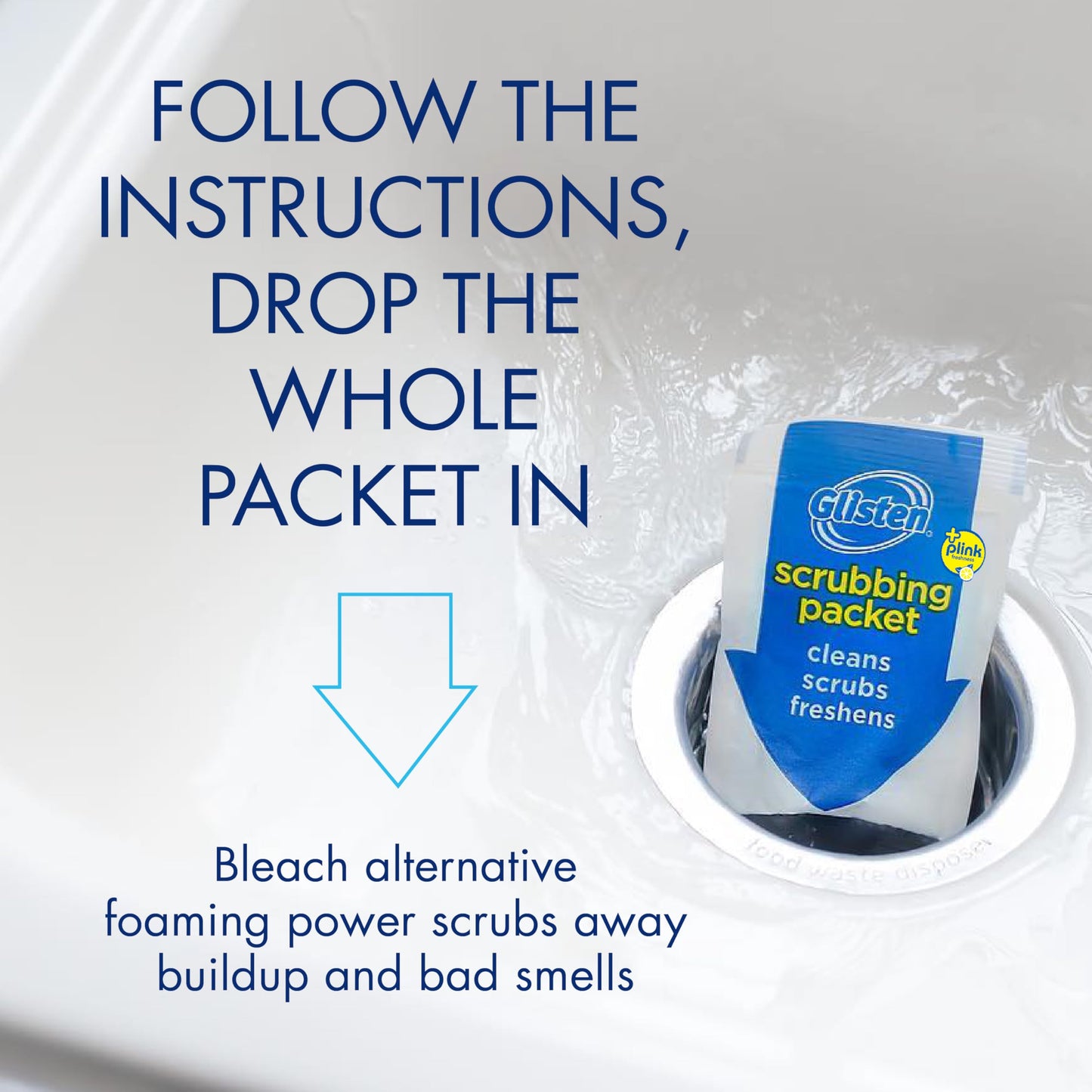 Glisten Garbage Disposer Cleaner and Freshener with Foaming Action, Helps Remove Buildup in Drains, Lemon Scent, Made in the USA, 16 Packets