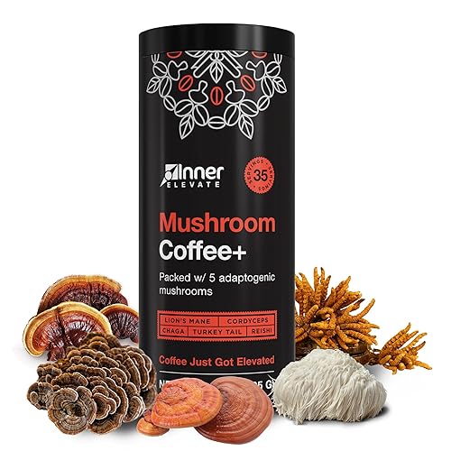 Inner Elevate Mushroom Coffee Superfood with 5 Adaptogenic Mushrooms - Upgraded Coffee Alternative with Half Caffeine - Arabica with Lion's Mane