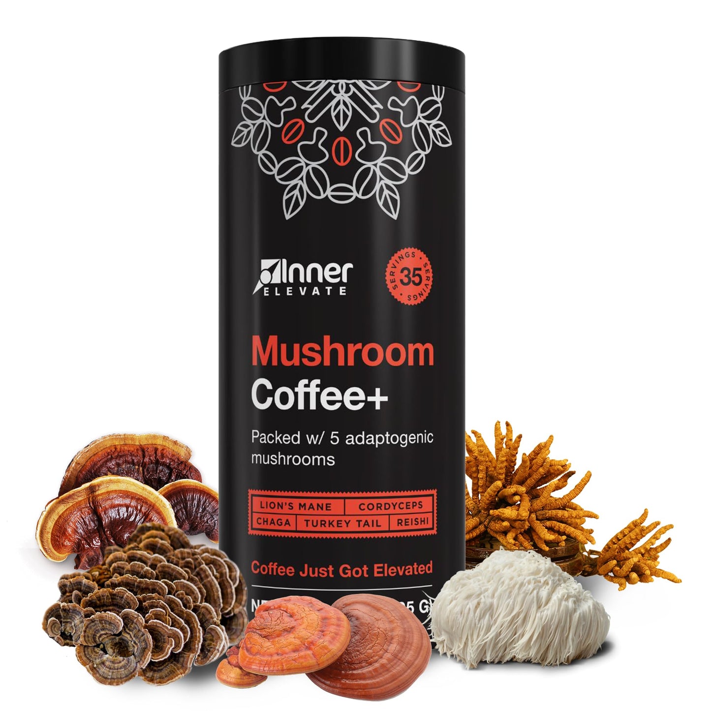 Inner Elevate Mushroom Coffee Superfood with 5 Adaptogenic Mushrooms - Upgraded Coffee Alternative with Half Caffeine - Arabica with Lion's Mane