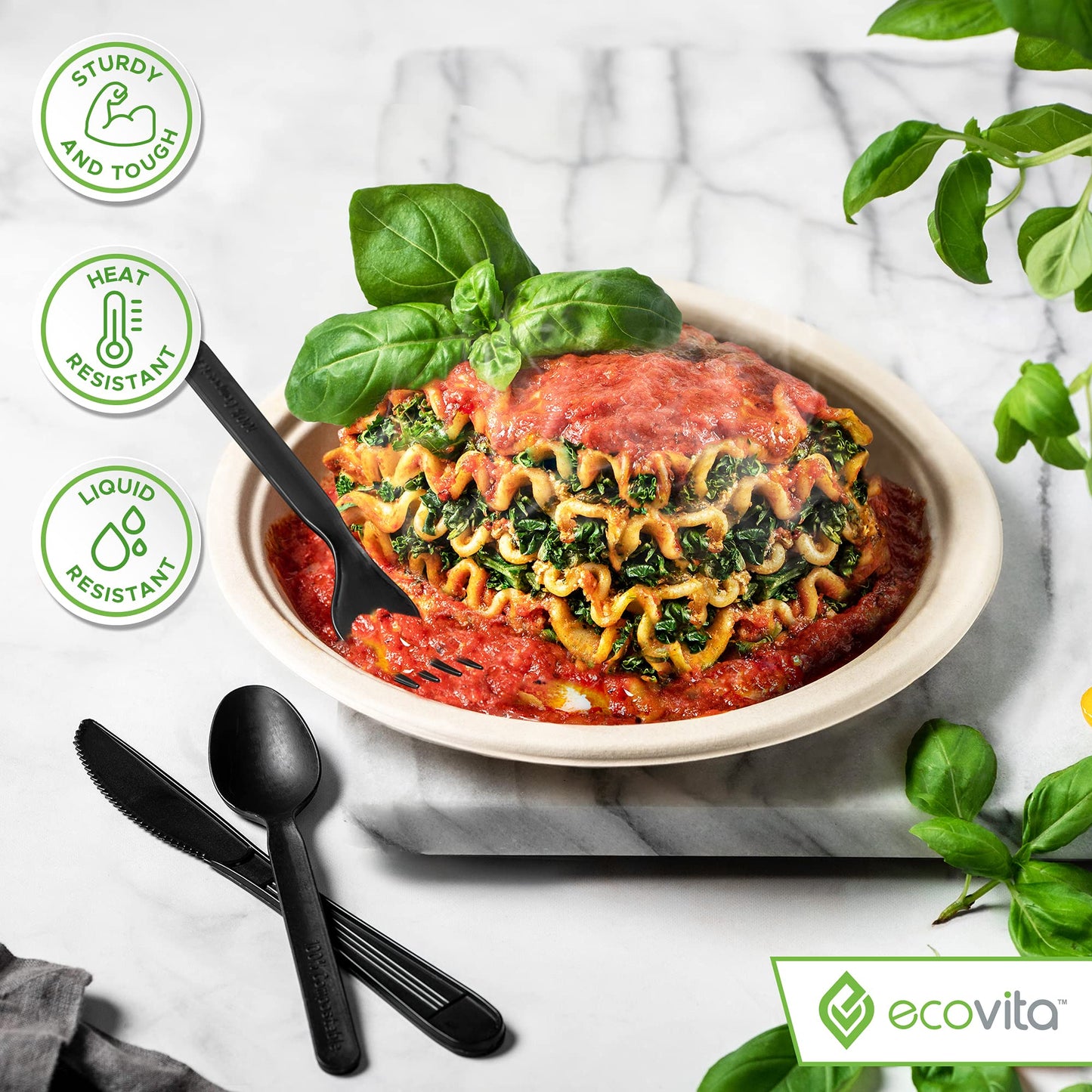 Ecovita 100% Compostable Forks Spoons Knives Cutlery Combo Set - 380 Large Disposable Utensils (7 in.) Eco Friendly Durable and Heat Resistant