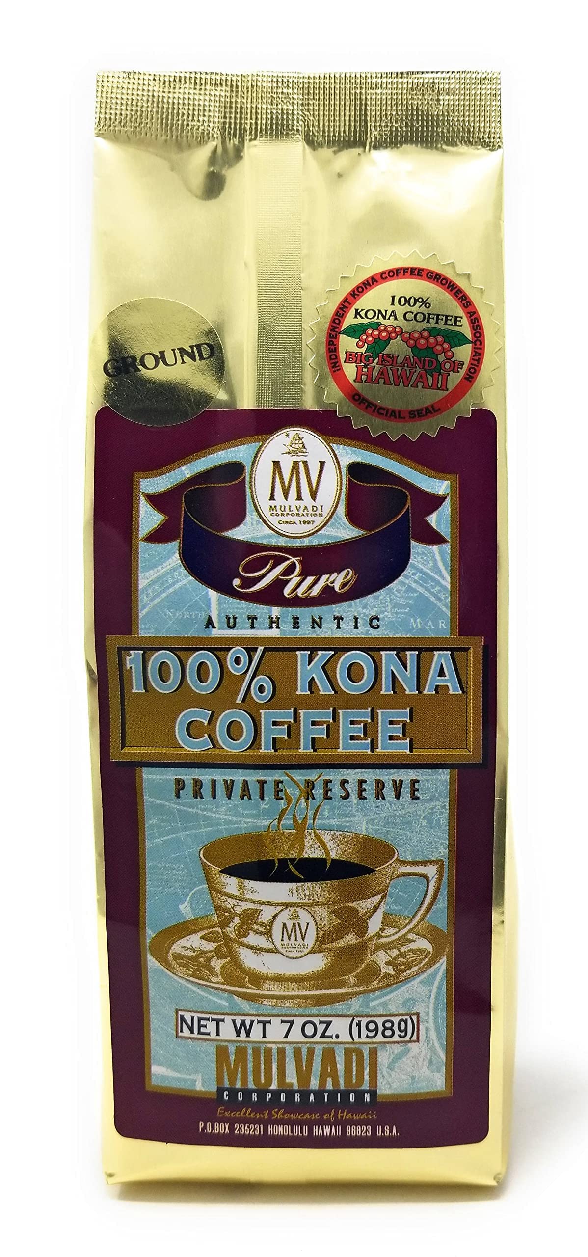 Mulvadi 100% Kona Coffee Private Reserve, Ground, 7 oz Resealable Bag - Premium Hawaiian Coffee