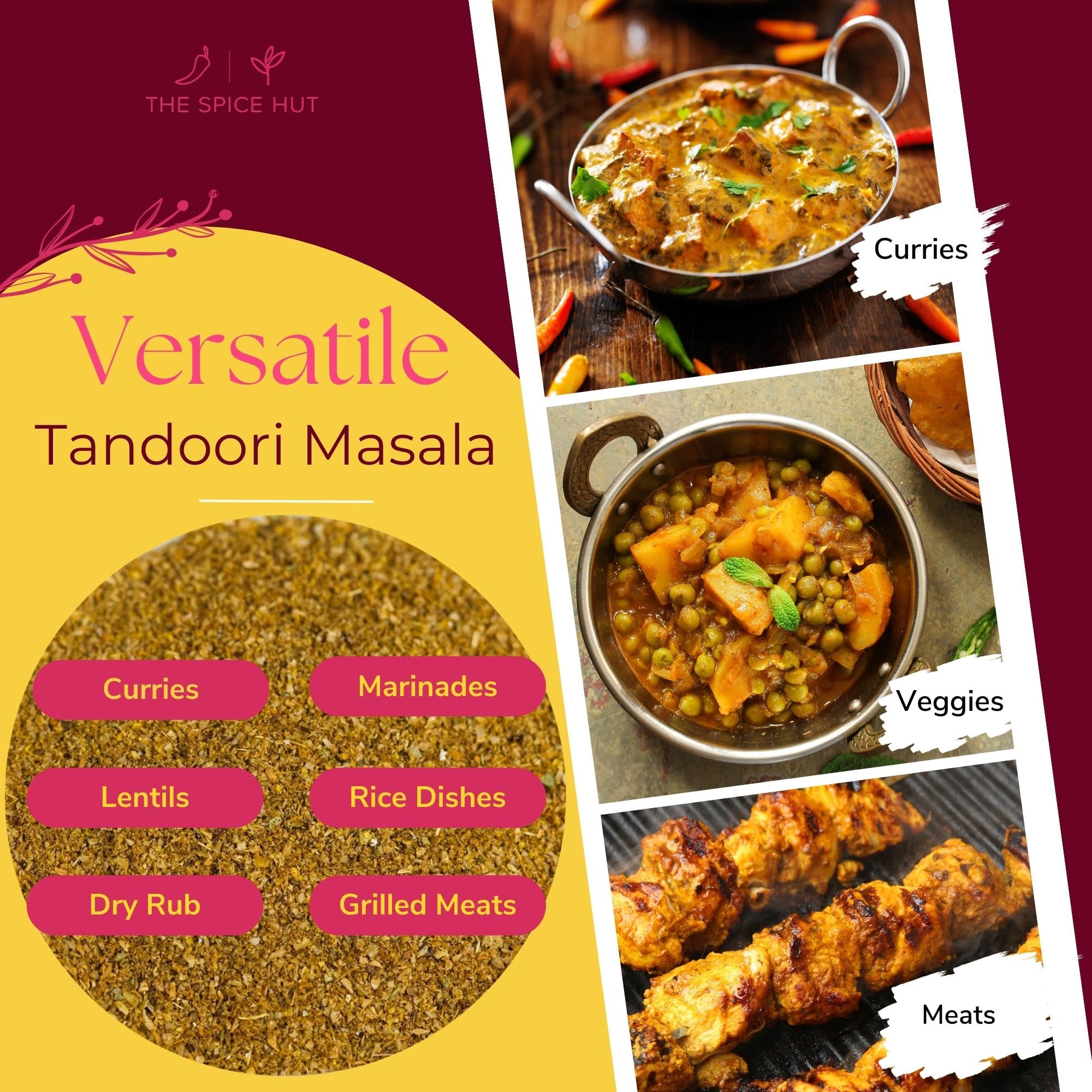 Spice Hut - Organic Tandoori Masala Powder, No Salt, Flavorful Indian Tandori Curry Powder for Cooking South Asian Food - Tandori Chicken Tikka