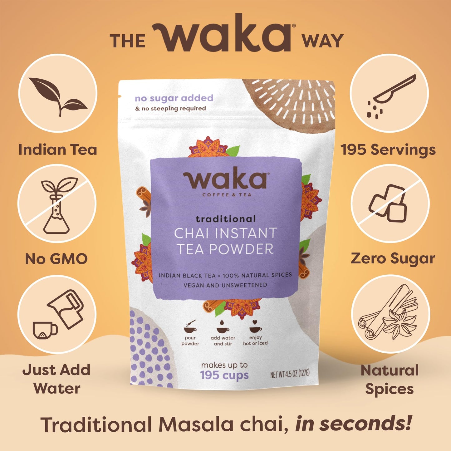 Waka Traditional Chai Tea Powder Mix - Chai Tea Concentrate Sugar Free, Pure Leaves from India, Natural Spices, Unsweetened, No Additives (4.5oz