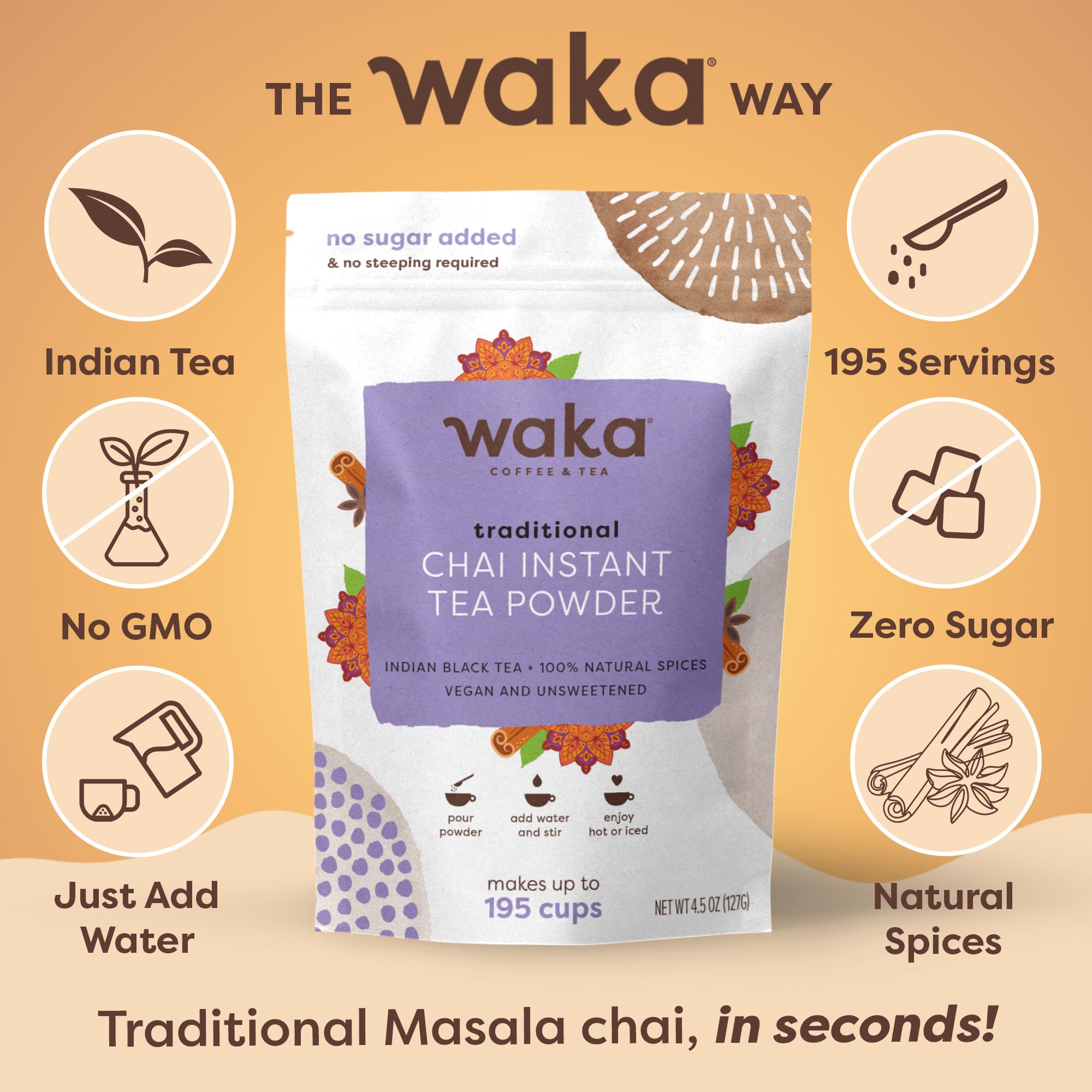 Waka Traditional Chai Tea Powder Mix - Chai Tea Concentrate Sugar Free, Pure Leaves from India, Natural Spices, Unsweetened, No Additives (4.5oz