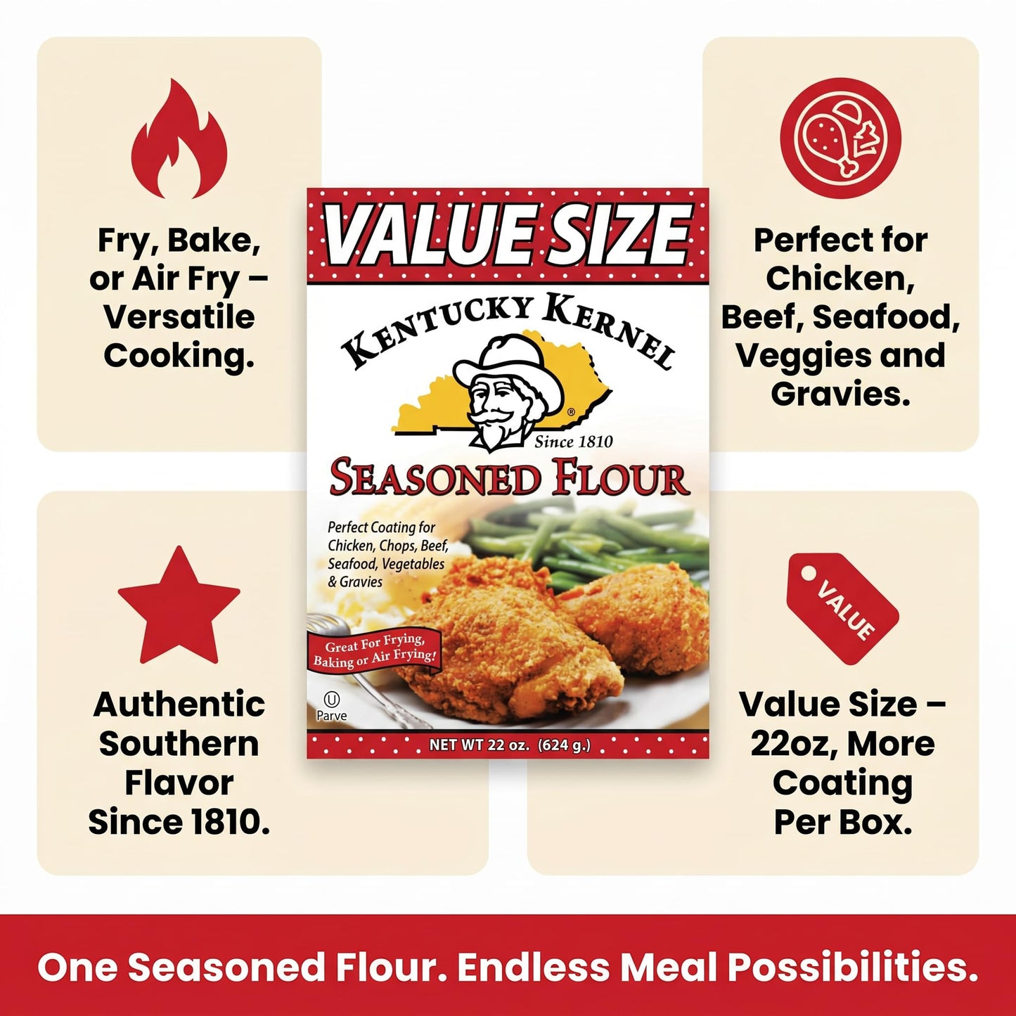Kentucky Kernel Flour Seasoned 22 oz (Pack of 6) - Groceries Spices Seasoning - Butter Steak Fries Pork Chops Ribs - Under 5 Dollar Items with Food