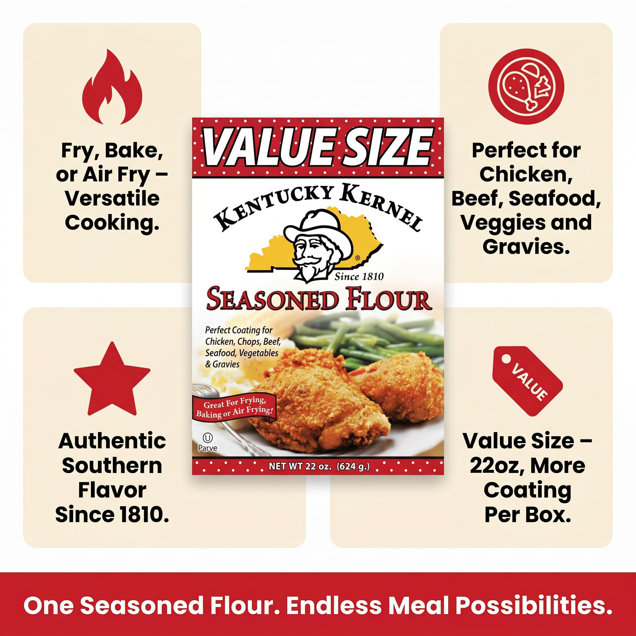 Kentucky Kernel Flour Seasoned 22 oz (Pack of 6) - Groceries Spices Seasoning - Butter Steak Fries Pork Chops Ribs - Under 5 Dollar Items with Food