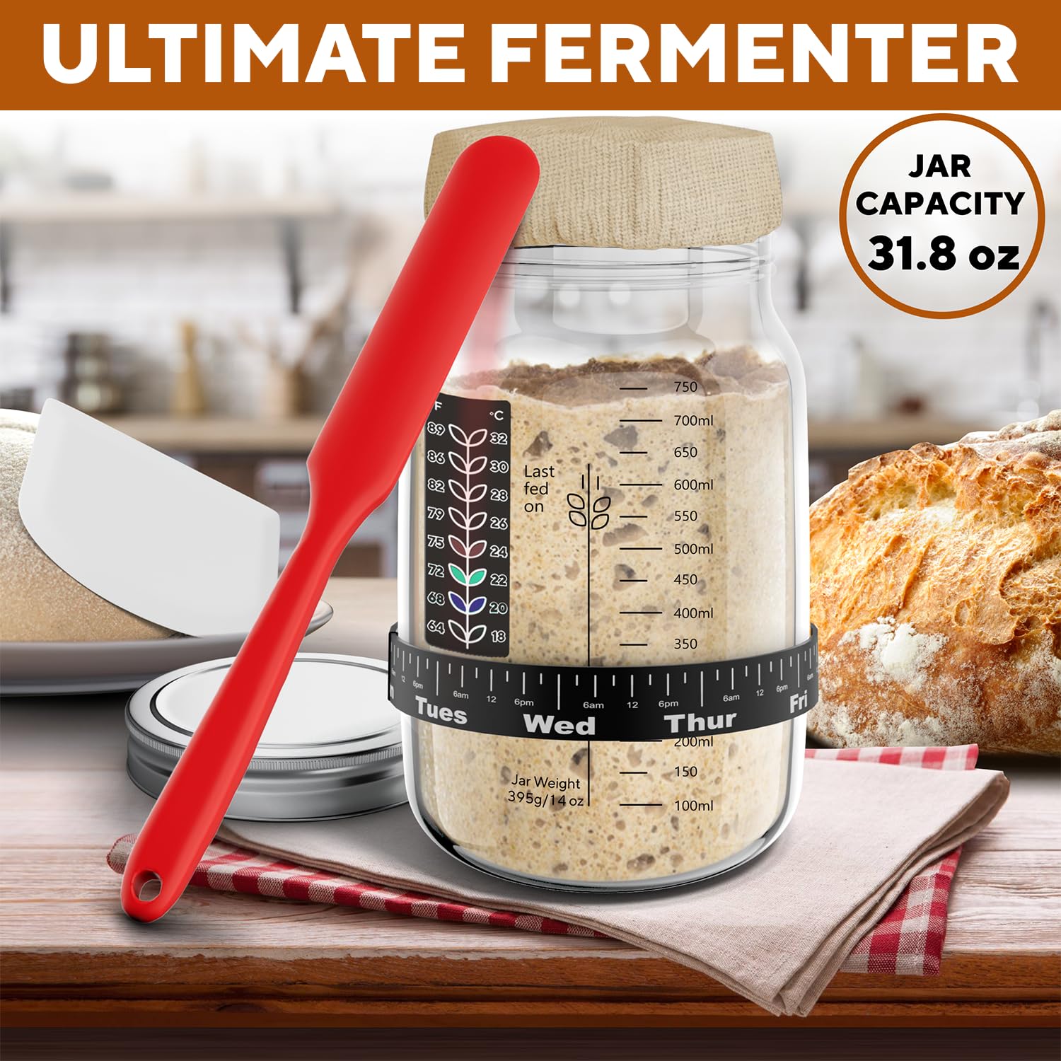 Ultimate Sourdough Starter Jar Kit 31.8 oz - Reusable Jar for Easy Bread Baking - Perfect to Make Your Sour Dough Starter - Easy to Use & Clean