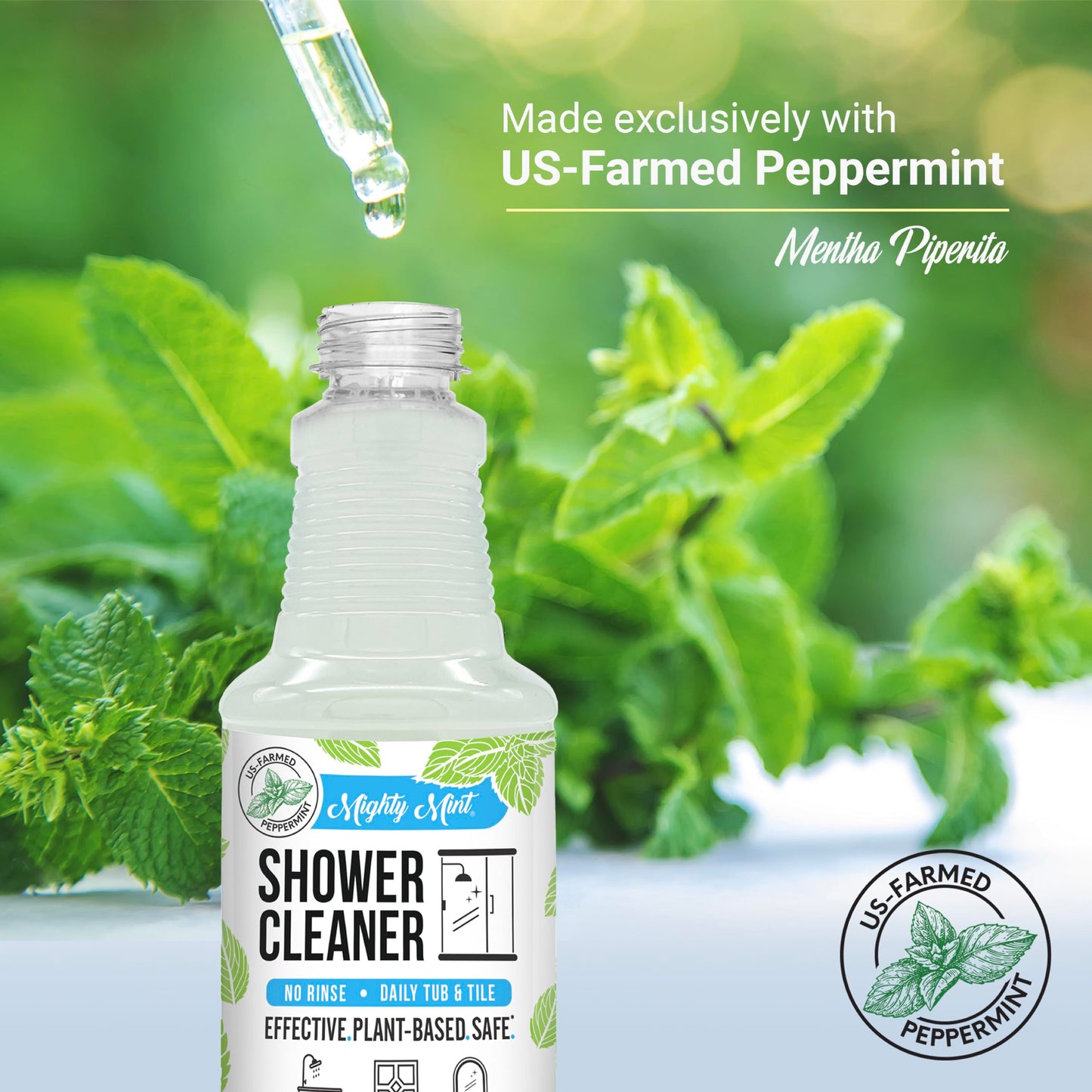Mighty Mint Daily Shower Cleaner Spray - No Rinse, No Scrub Solution for Glass, Tile & Grout - Plant Based Formula with Peppermint Scent - 16 oz.