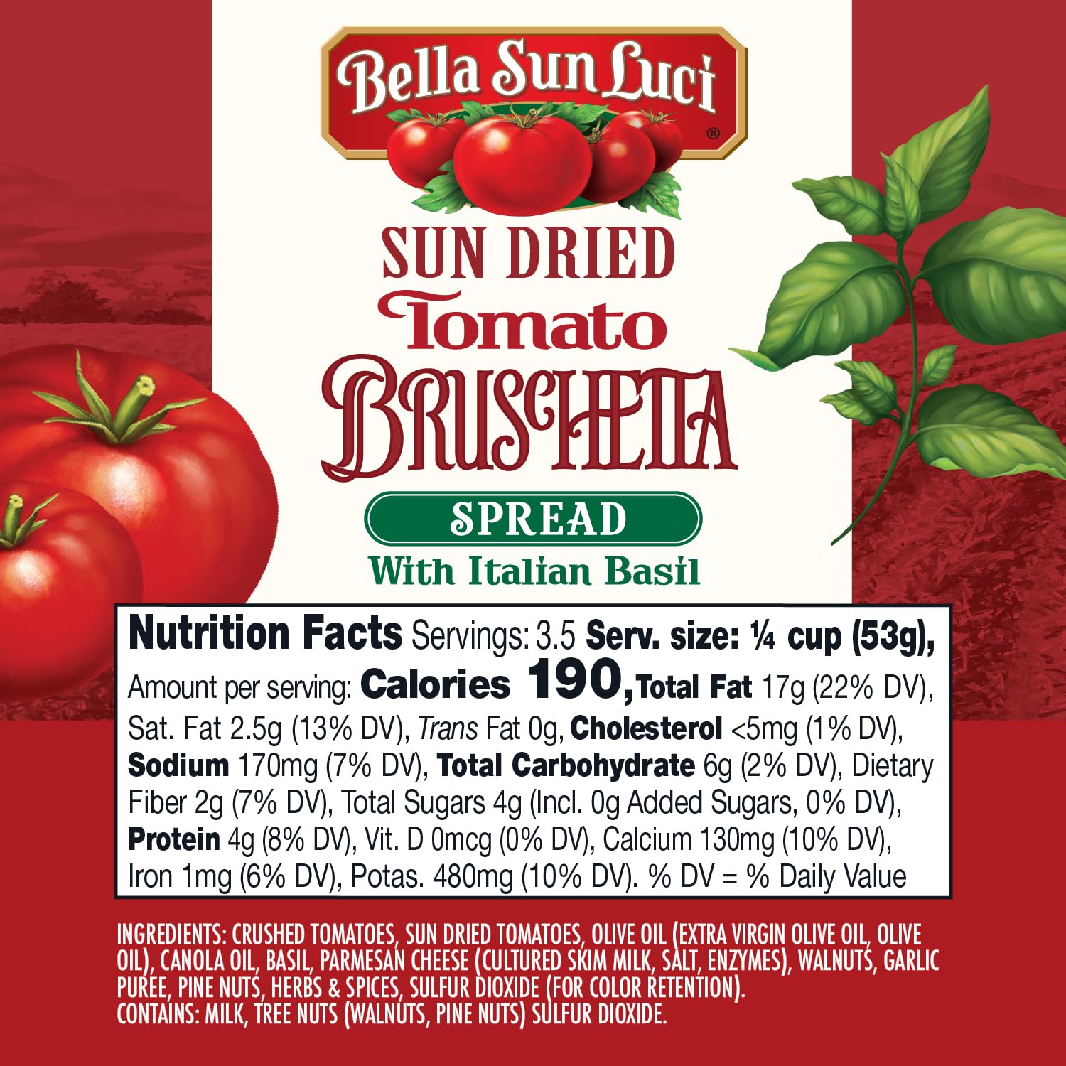 Bella Sun Luci Sun Dried Tomato Bruschetta Spread with Italian Basil, Mediterranean Italian Style Sun-Ripened Tomatoes, Kosher, Vegan, Gluten-Free