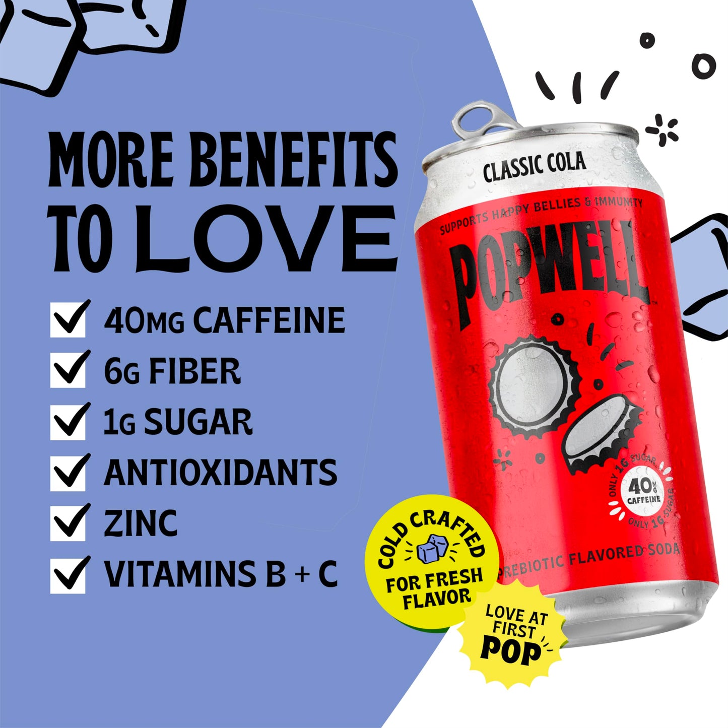 Popwell Classic Cola Caffeinated Better-For-You Prebiotic Soda, with 6g Fiber, 1g Sugar, Vitamins and Immunity Support, 12 fl oz Cans (pack of 12)