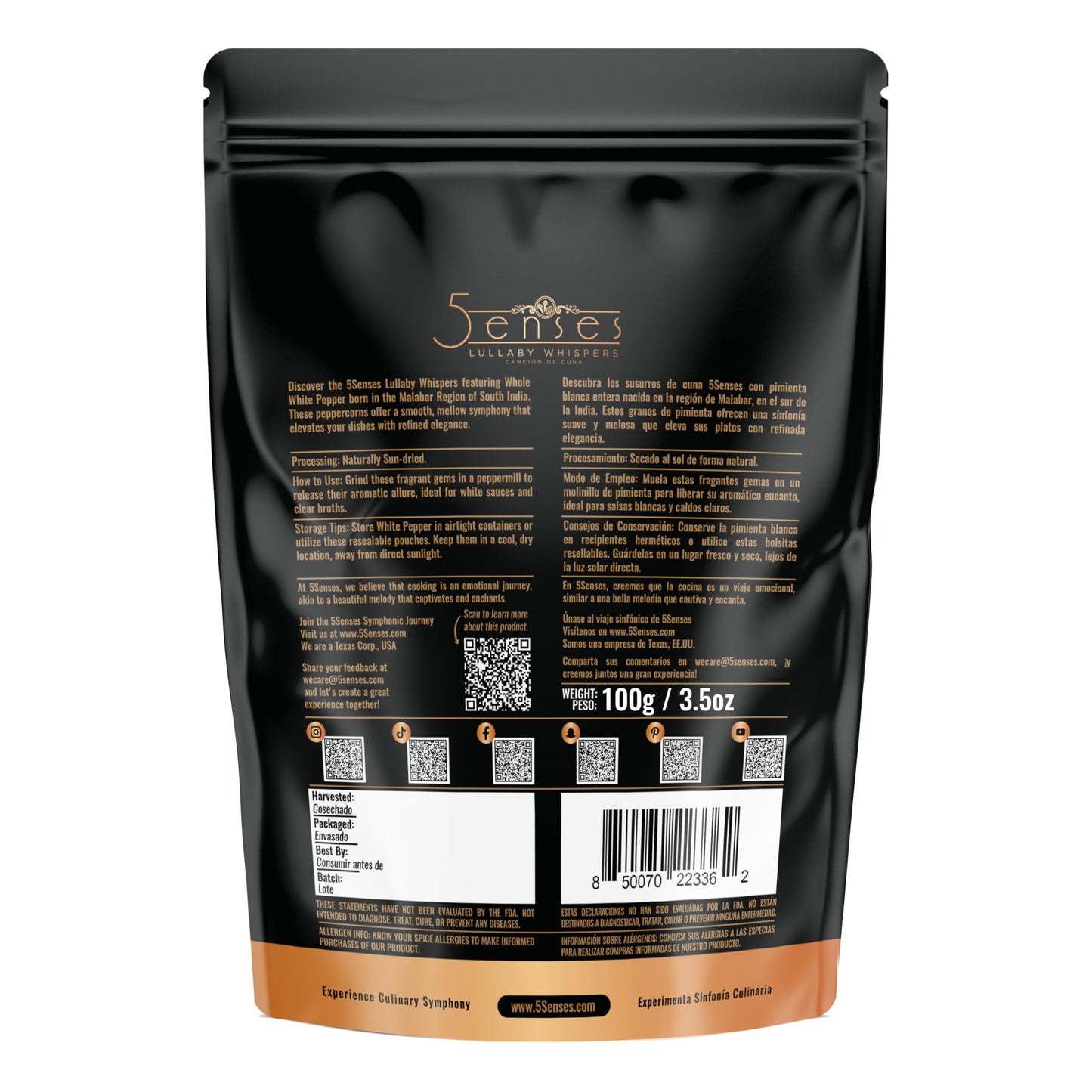 5Senses Malabar Whole White Pepper | Pimienta Blanca | Lullaby Whispers | 100% Natural, Non-GMO, Fairtrade Whole Spices, Gourmet Spice, Kosher
