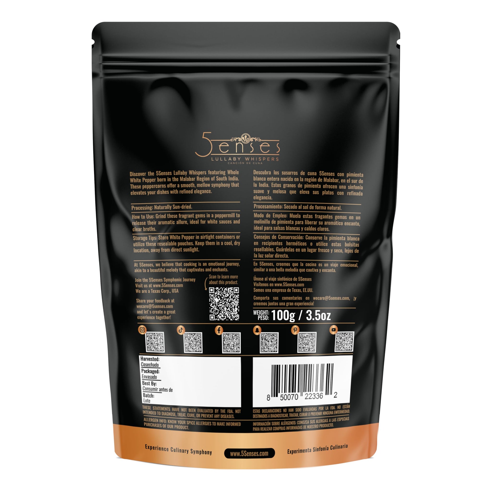 5Senses Malabar Whole White Pepper | Pimienta Blanca | Lullaby Whispers | 100% Natural, Non-GMO, Fairtrade Whole Spices, Gourmet Spice, Kosher