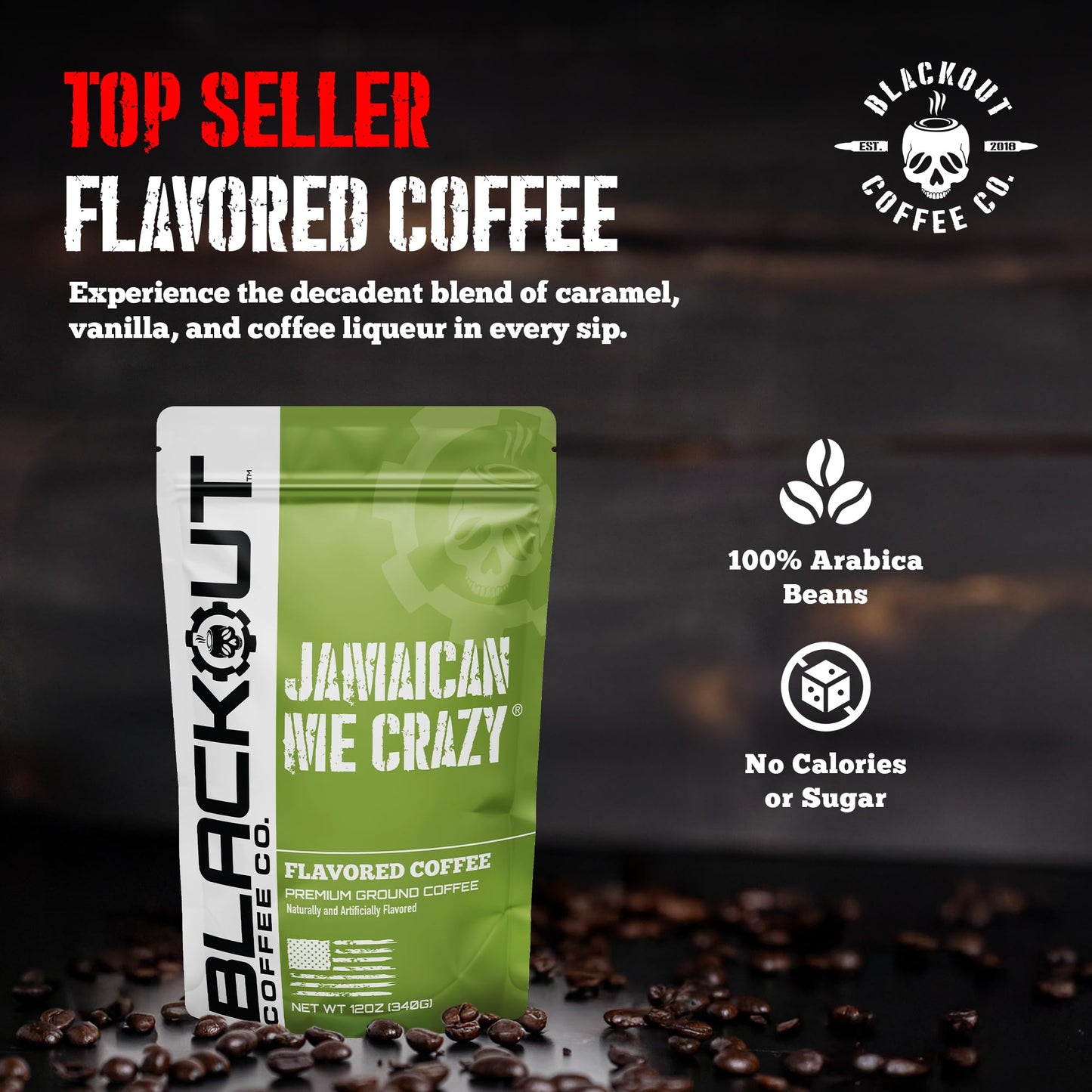 Blackout Coffee Jamaican Me Crazy Flavored Medium Roast - Freshly Roasted in the USA - 12 oz Ground Coffee Pouch