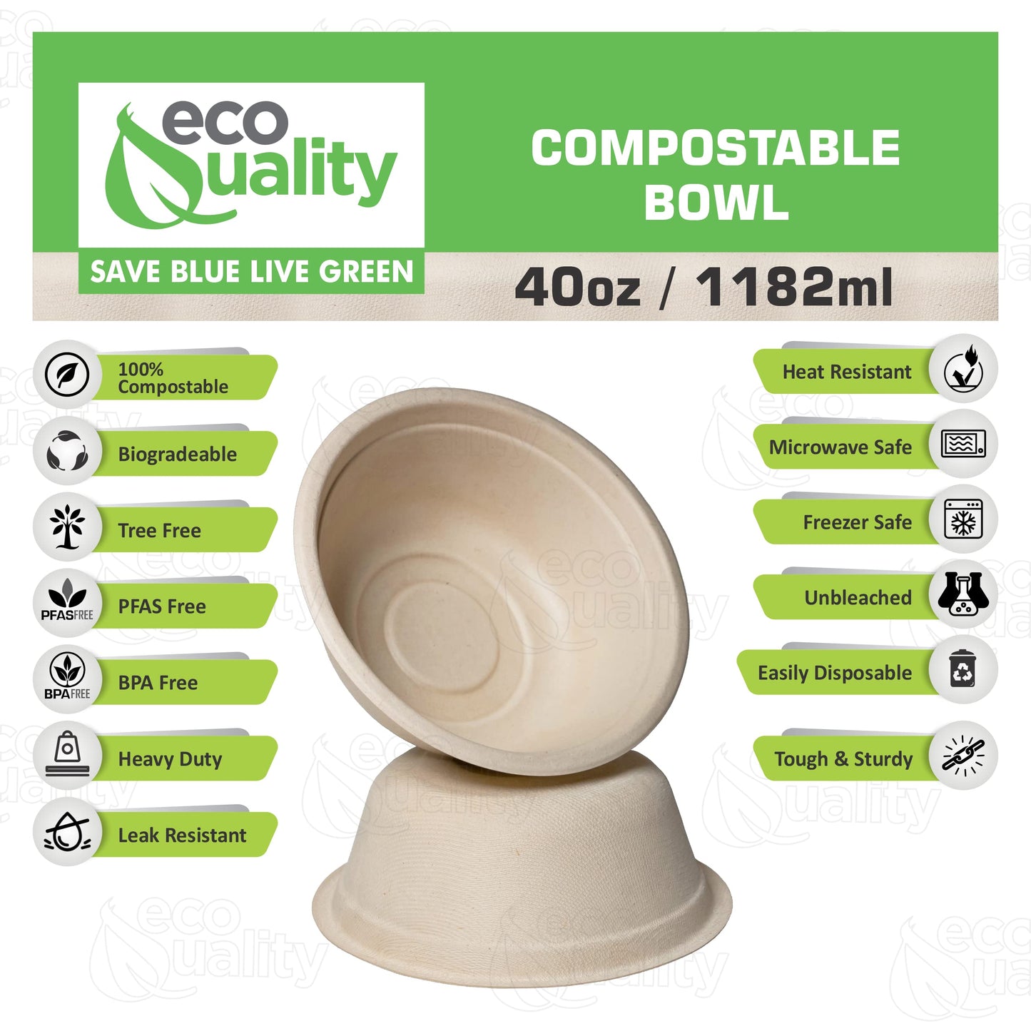 EcoQuality [150 Pack] 40 oz Round Disposable Compostable Paper Bowls Heavy-Duty, Eco-Friendly Natural Bagasse Unbleached, Heat Resistant, 100%