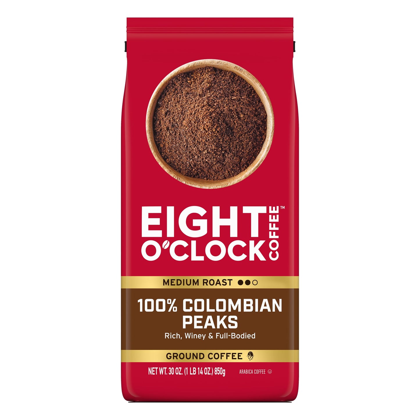 Eight O'Clock Coffee 100% Colombian Peaks & Arabica, 30 Ounce (Pack of 1) Medium Roast Ground Coffee, Rich & Winey