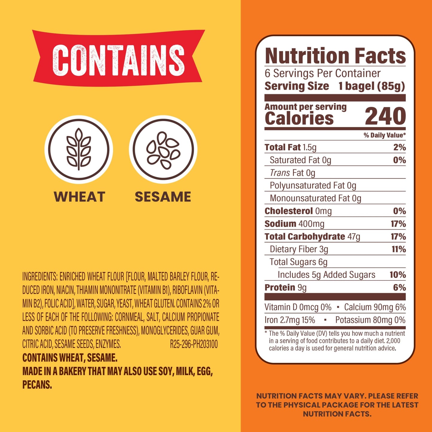 Thomas' Plain Bagels, 6 count, (3.0 oz each), 9g Protein, Kosher Original Bagels, 18 oz Bag