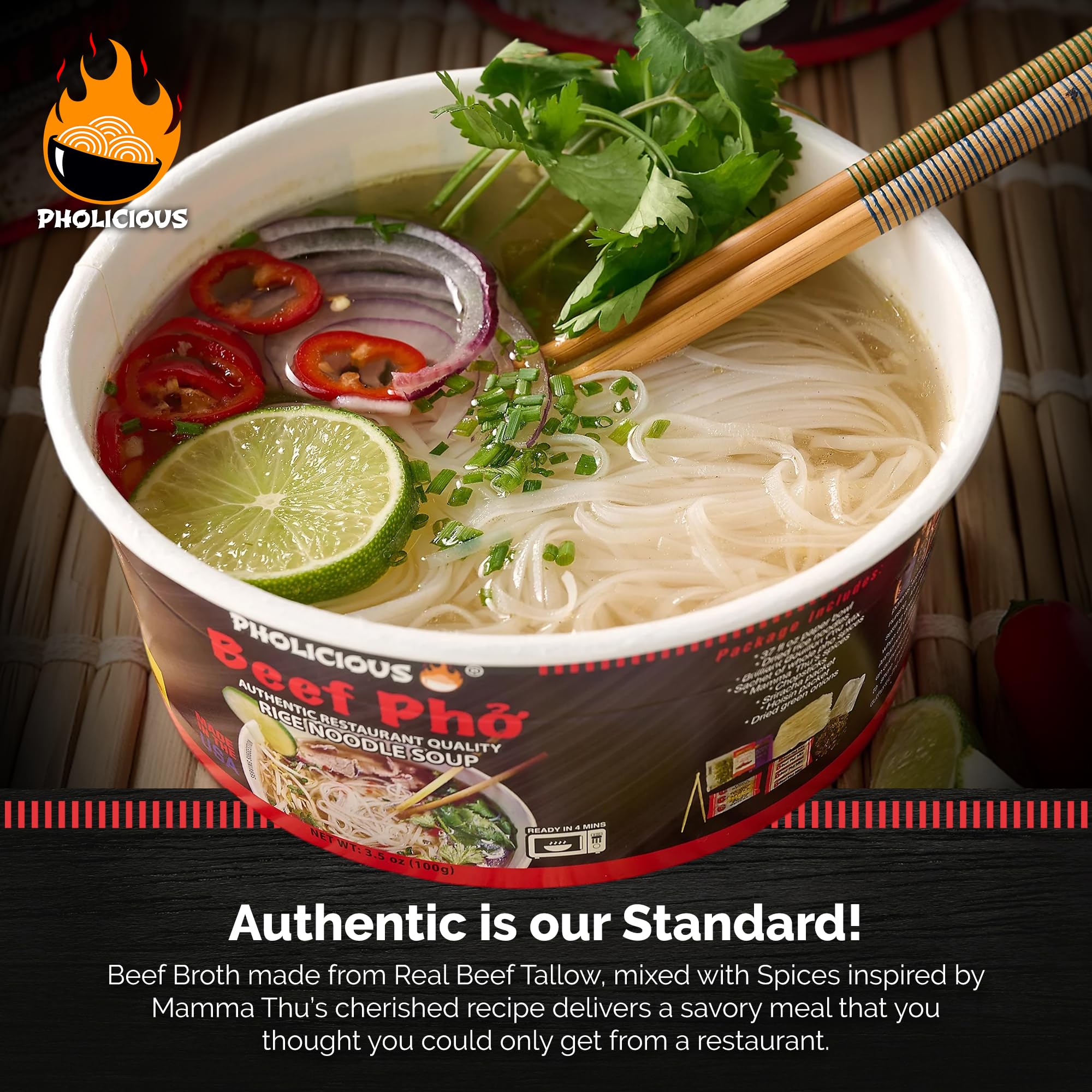 PhoLicious Instant Beef Pho, Authentic Vietnamese Rice Noodle Soup Kit with Spices & Broth Mix, Ramen Noodles Alternative, Quick Microwave Meal - Pho