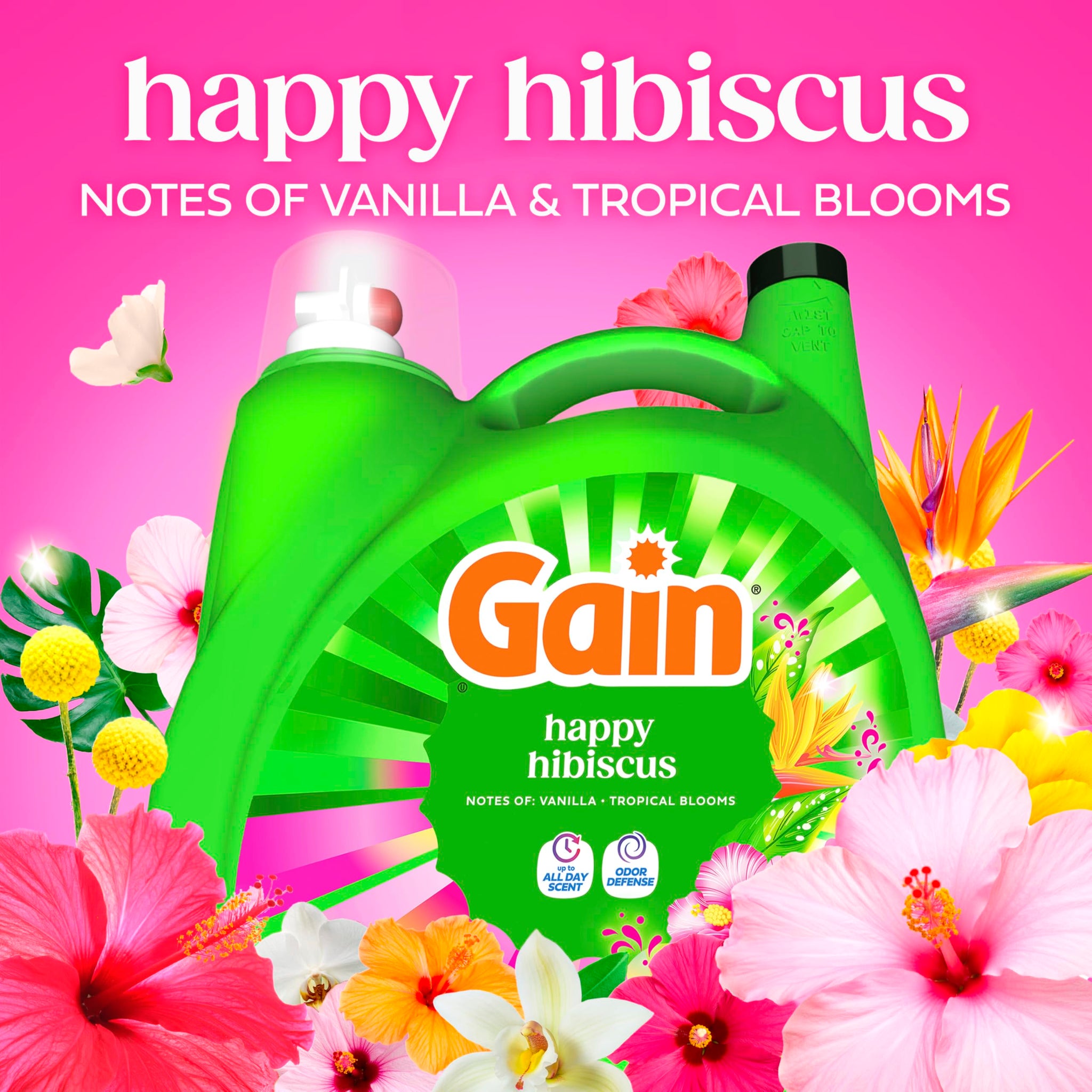 Gain Liquid Laundry Detergent, With Odor Defense, Happy Hibiscus Scent, Laundry Soap For HE Washing Machines, 132 fl oz, 100 Loads (Packaging May