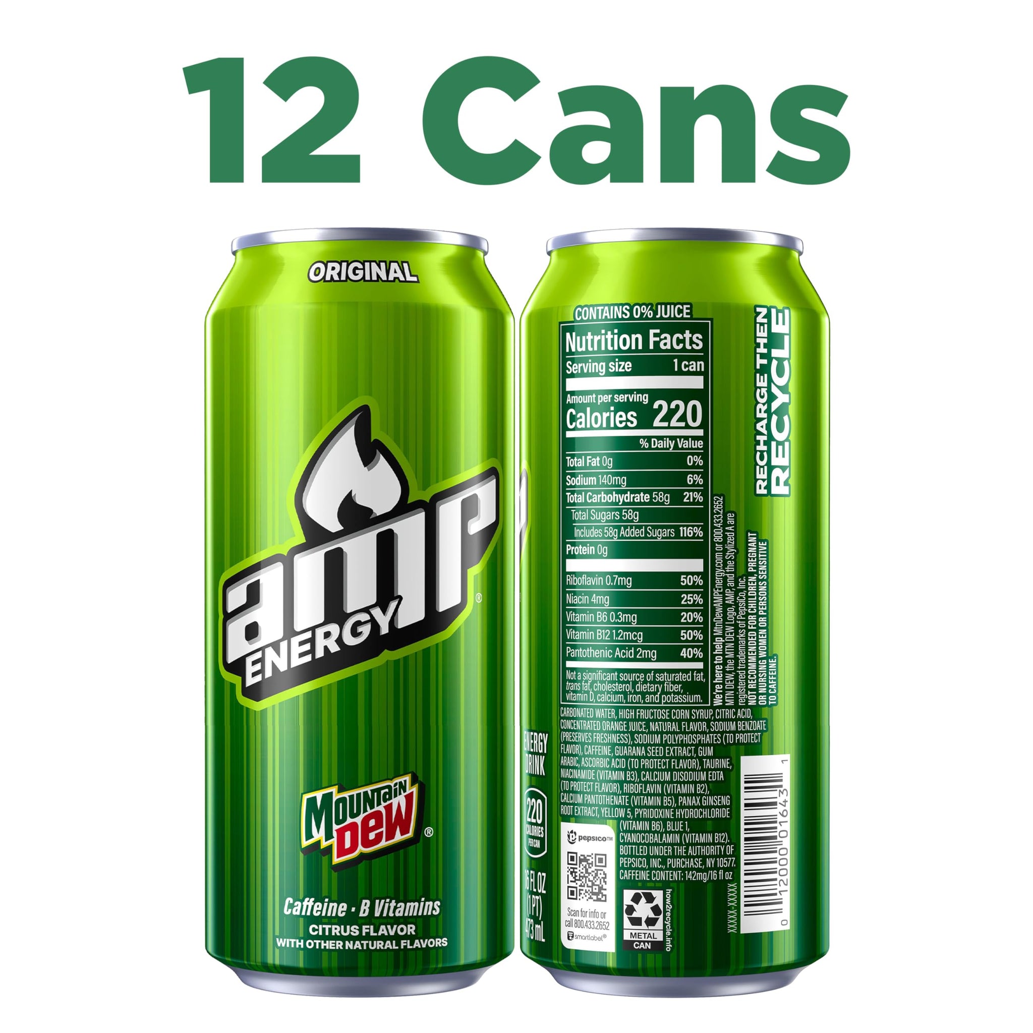 Mtn Dew AMP Energy, Original, Energy Drink with Caffeine, B Vitamins, 16 fl oz cans (12 Pack), Packaging May Vary