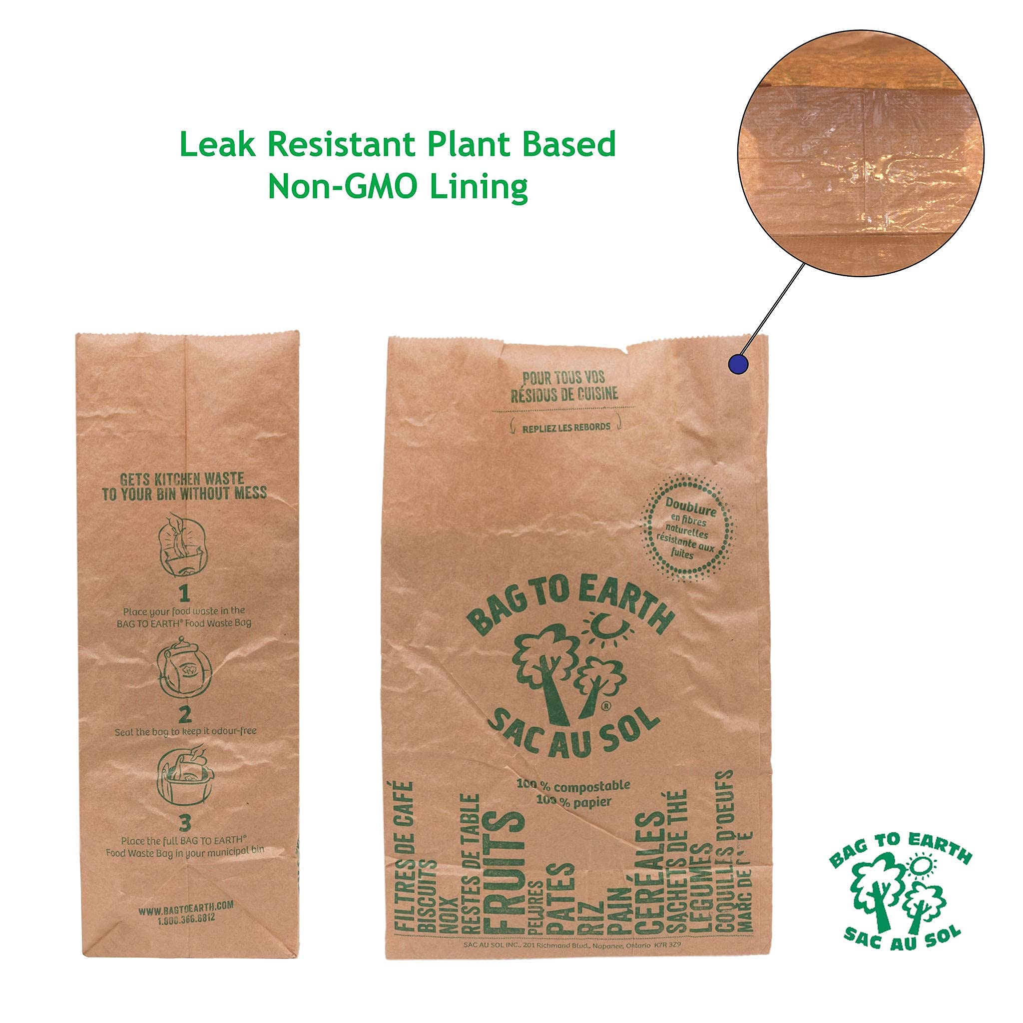 Bag to Earth -Kitchen Food Waste Bag, Set of 2 - Compostable, Leak-Resistant, 3.0 Gallons, 60 Count