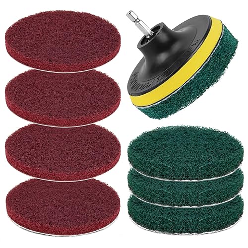 4-Inch Scrub Drill Brush Power Scouring Pads Household Cleaning Set 4 Red Pads 4 Green Pads 1 Drill Attachment and 1 Universal Shaft for Kitchen