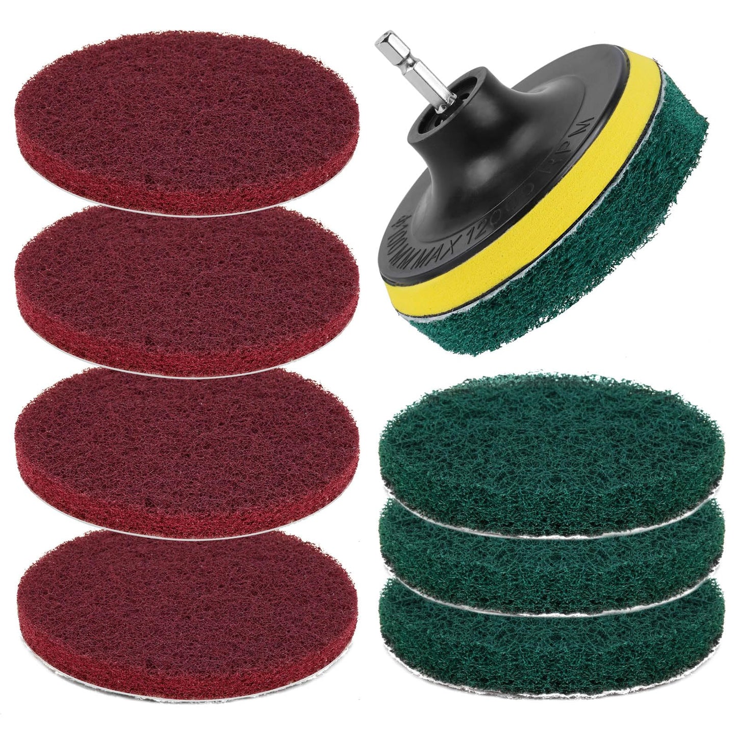 4-Inch Scrub Drill Brush Power Scouring Pads Household Cleaning Set 4 Red Pads 4 Green Pads 1 Drill Attachment and 1 Universal Shaft for Kitchen